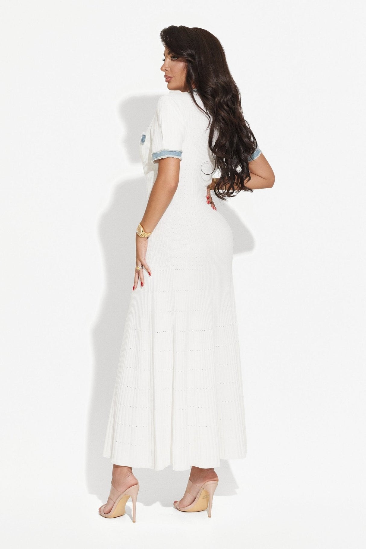 Dress - Maxi Length A - Line Silhouette - Ribbed Texture - Form - Fitting - Button - Down Front