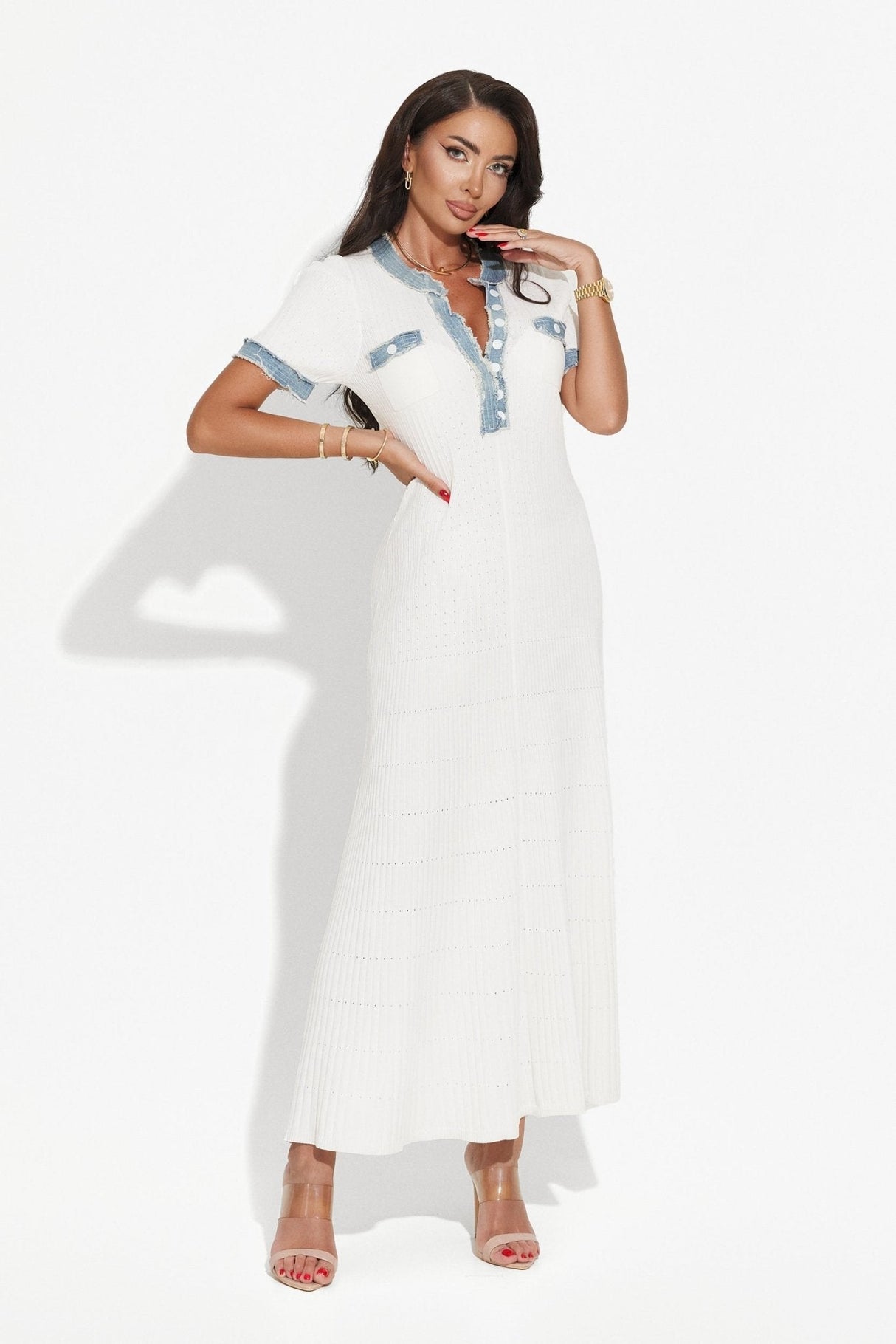 Dress - Maxi Length A - Line Silhouette - Ribbed Texture - Form - Fitting - Button - Down Front