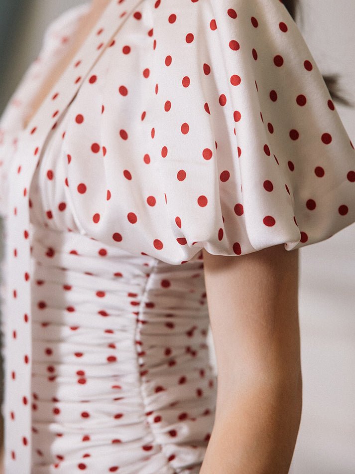 Dress - Ruched Bodycon Silhouette - Polka Dot Print - Puff Sleeves - Figure - Hugging Fit