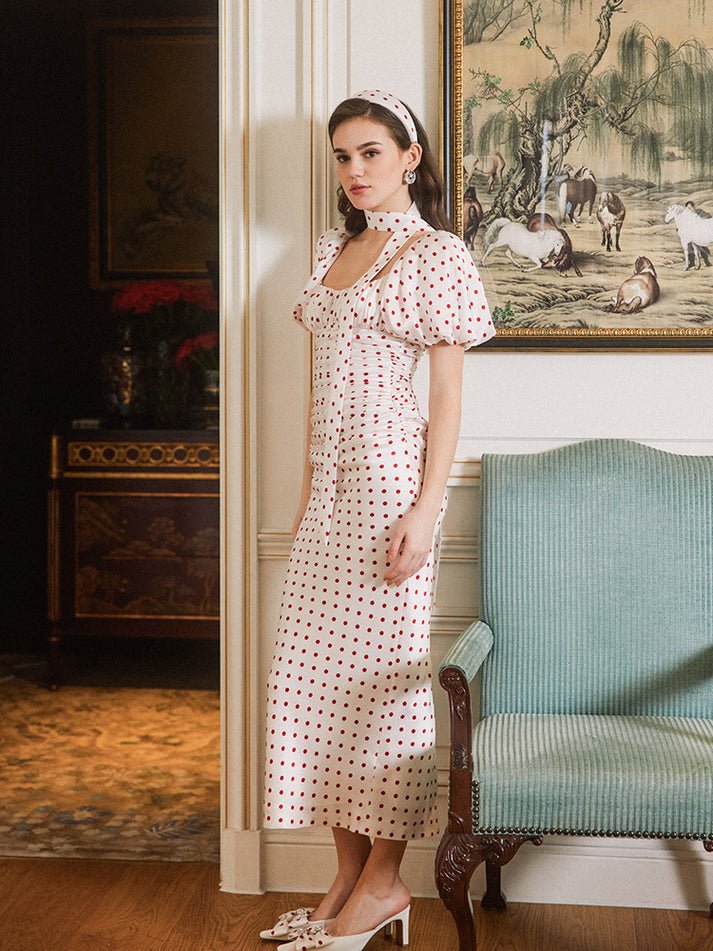 Dress - Ruched Bodycon Silhouette - Polka Dot Print - Puff Sleeves - Figure - Hugging Fit
