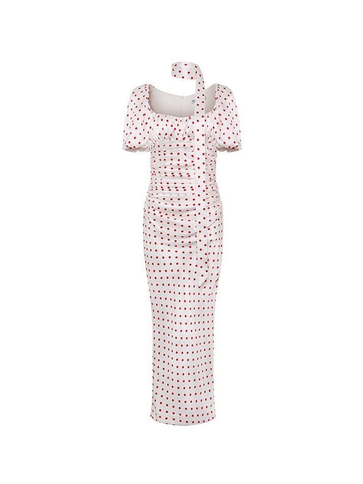 Dress - Ruched Bodycon Silhouette - Polka Dot Print - Puff Sleeves - Figure - Hugging Fit