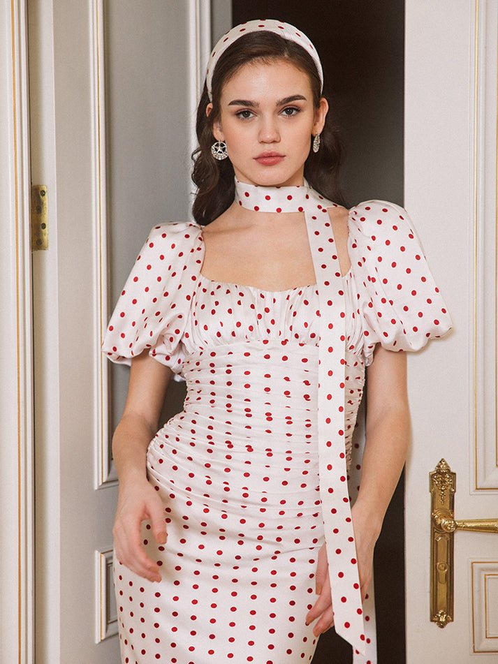 Dress - Ruched Bodycon Silhouette - Polka Dot Print - Puff Sleeves - Figure - Hugging Fit