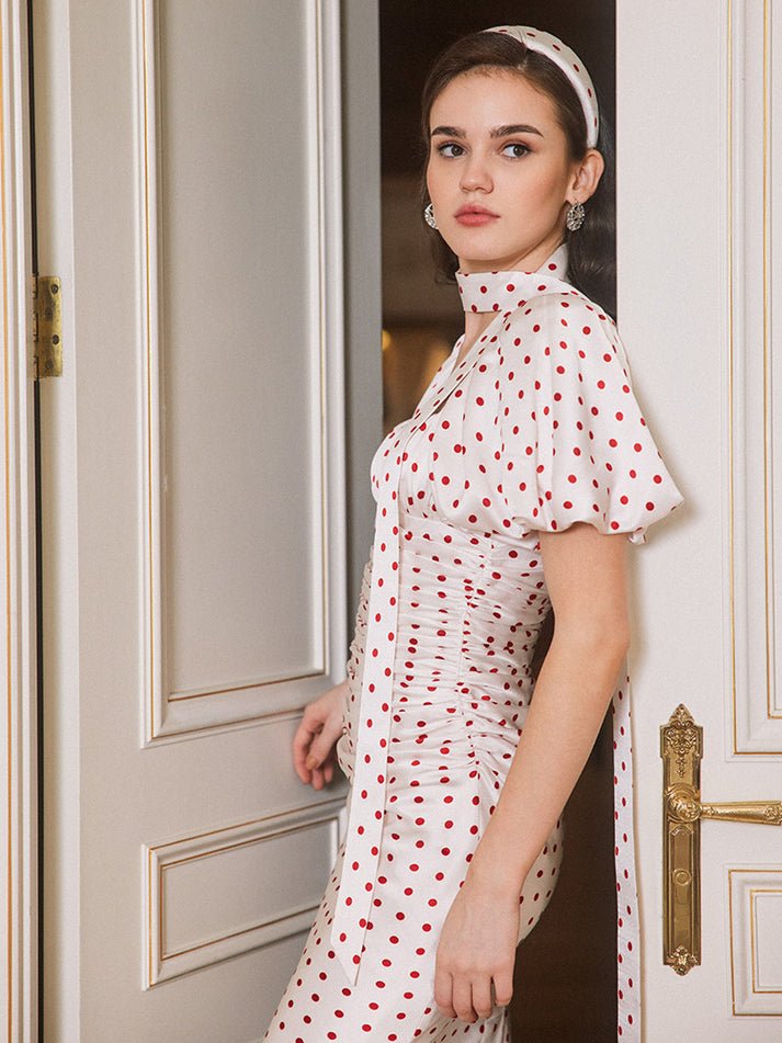 Dress - Ruched Bodycon Silhouette - Polka Dot Print - Puff Sleeves - Figure - Hugging Fit