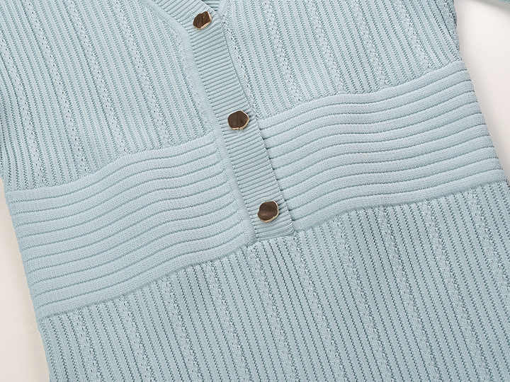 Dress - Tailored Fit - V - Neck Button Detail - Flared Skirt - Ribbed Knit Fabric