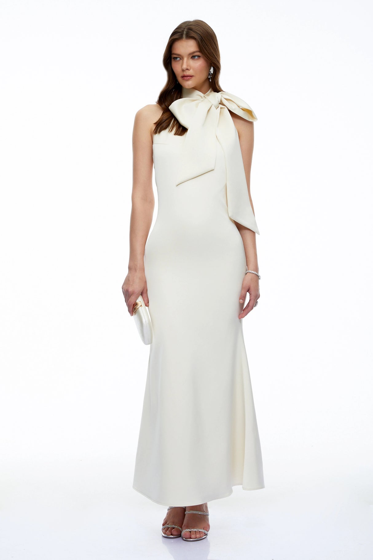 Drusilla Neutral Halterneck Maxi Dress with Bow
