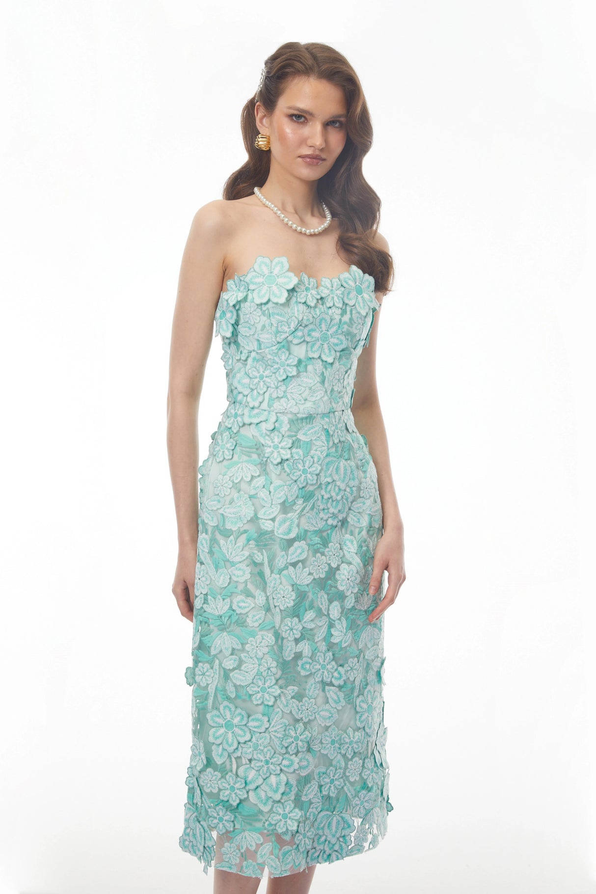 Duygu Green Off Shoulder Midi Dress with 3D Florals