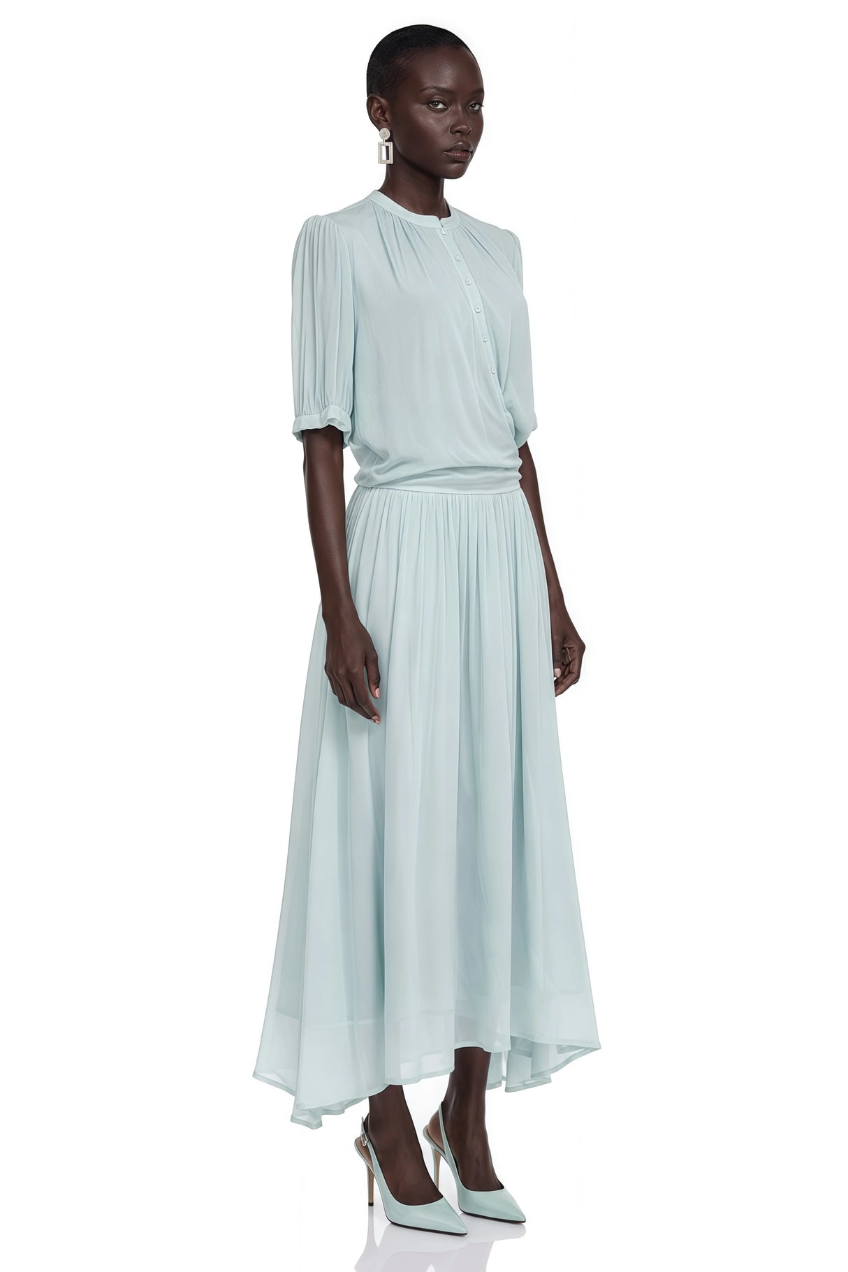 Duygu Light Mint Asymmetrical Pleated Maxi Dress