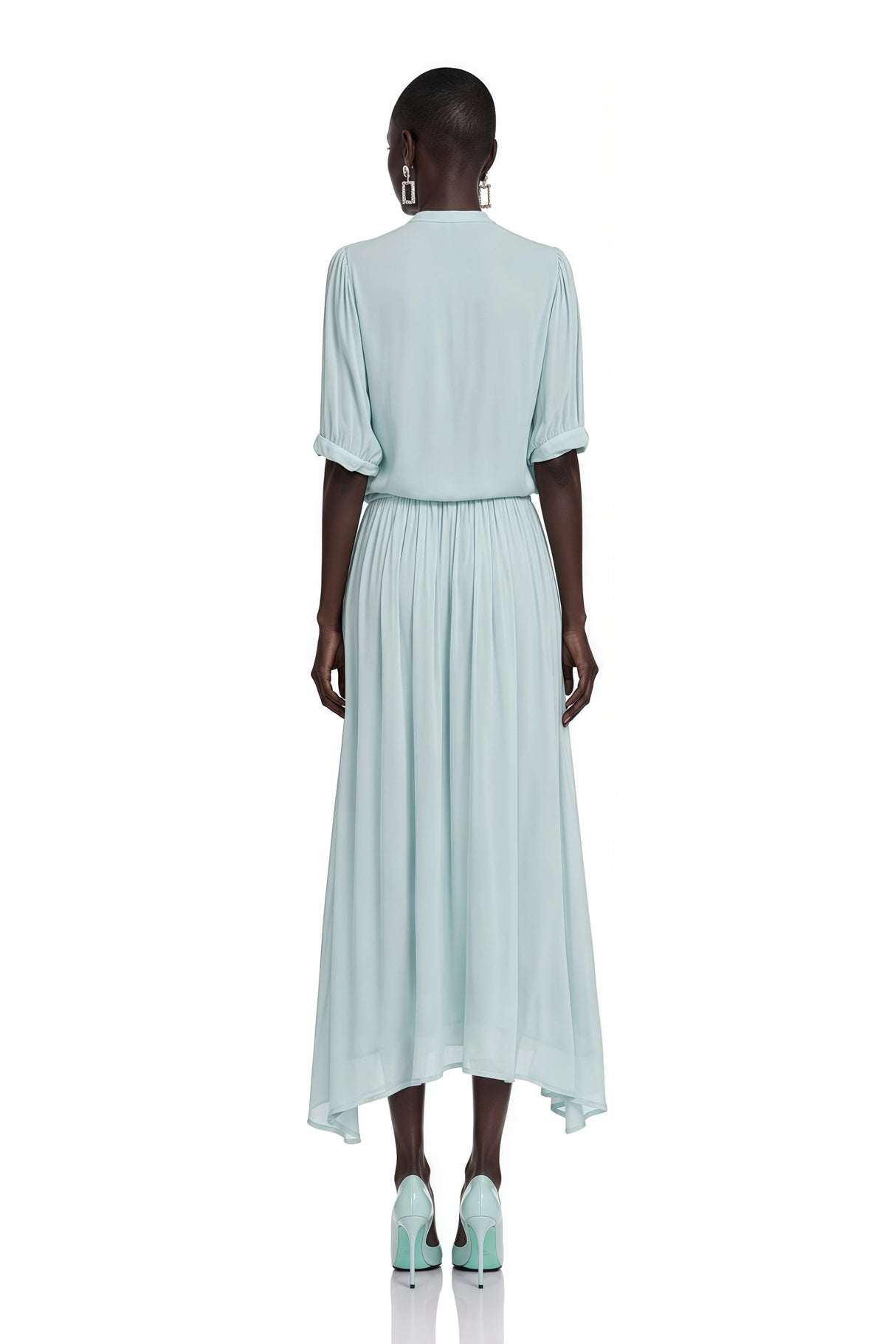 Duygu Light Mint Asymmetrical Pleated Maxi Dress