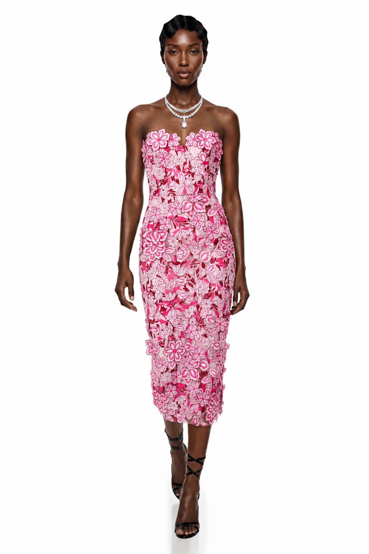 Duygu Pink Off Shoulder Midi Dress with 3D Florals