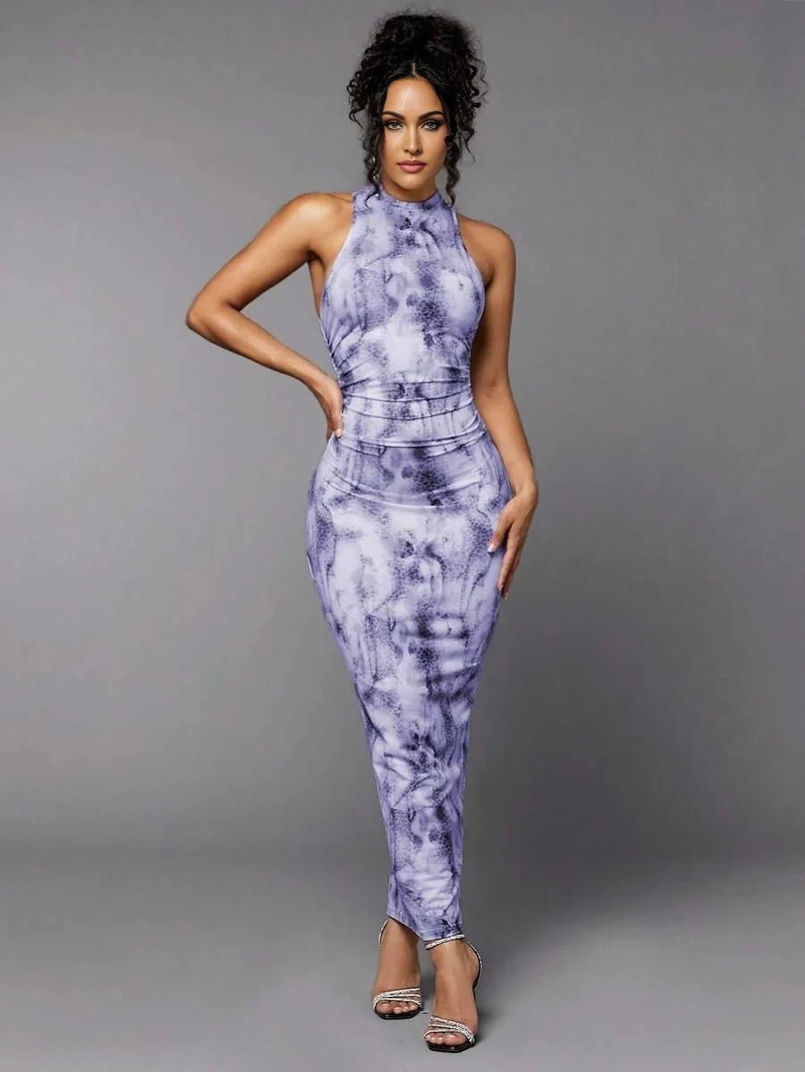 Dylan Maxi Dress - Stand Collar Neckline - Pencil Hem - Ruched Details - Tie Dye Pattern - Slim Fit