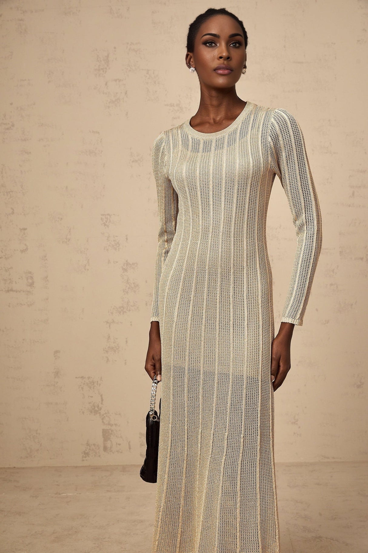 Dylan Midi Dress - Round Neck - Long Sleeves - Knitted Construction - Fitted Silhouette