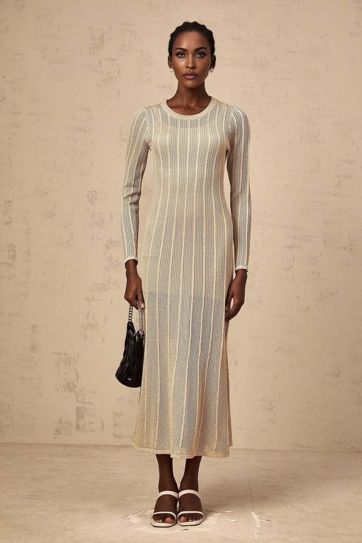 Dylan Midi Dress - Round Neck - Long Sleeves - Knitted Construction - Fitted Silhouette