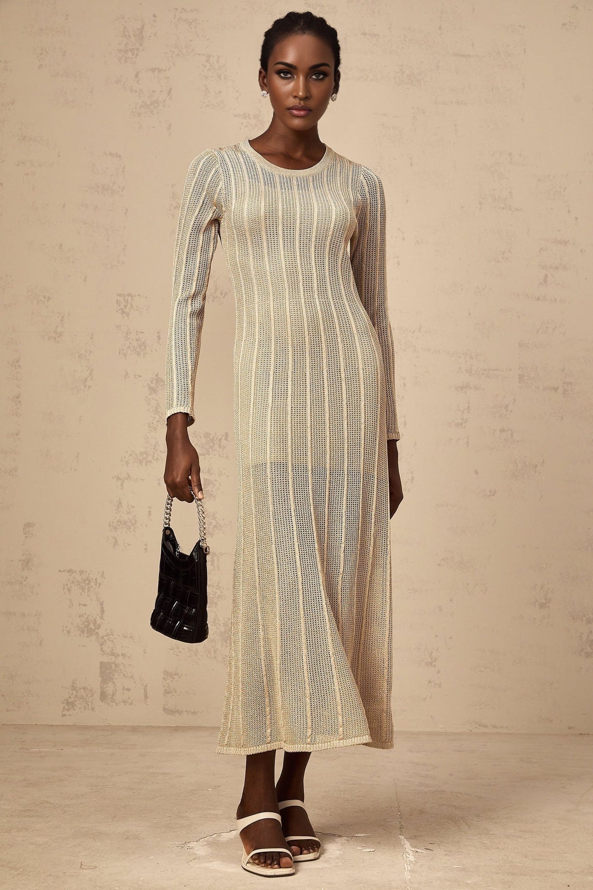 Dylan Midi Dress - Round Neck - Long Sleeves - Knitted Construction - Fitted Silhouette