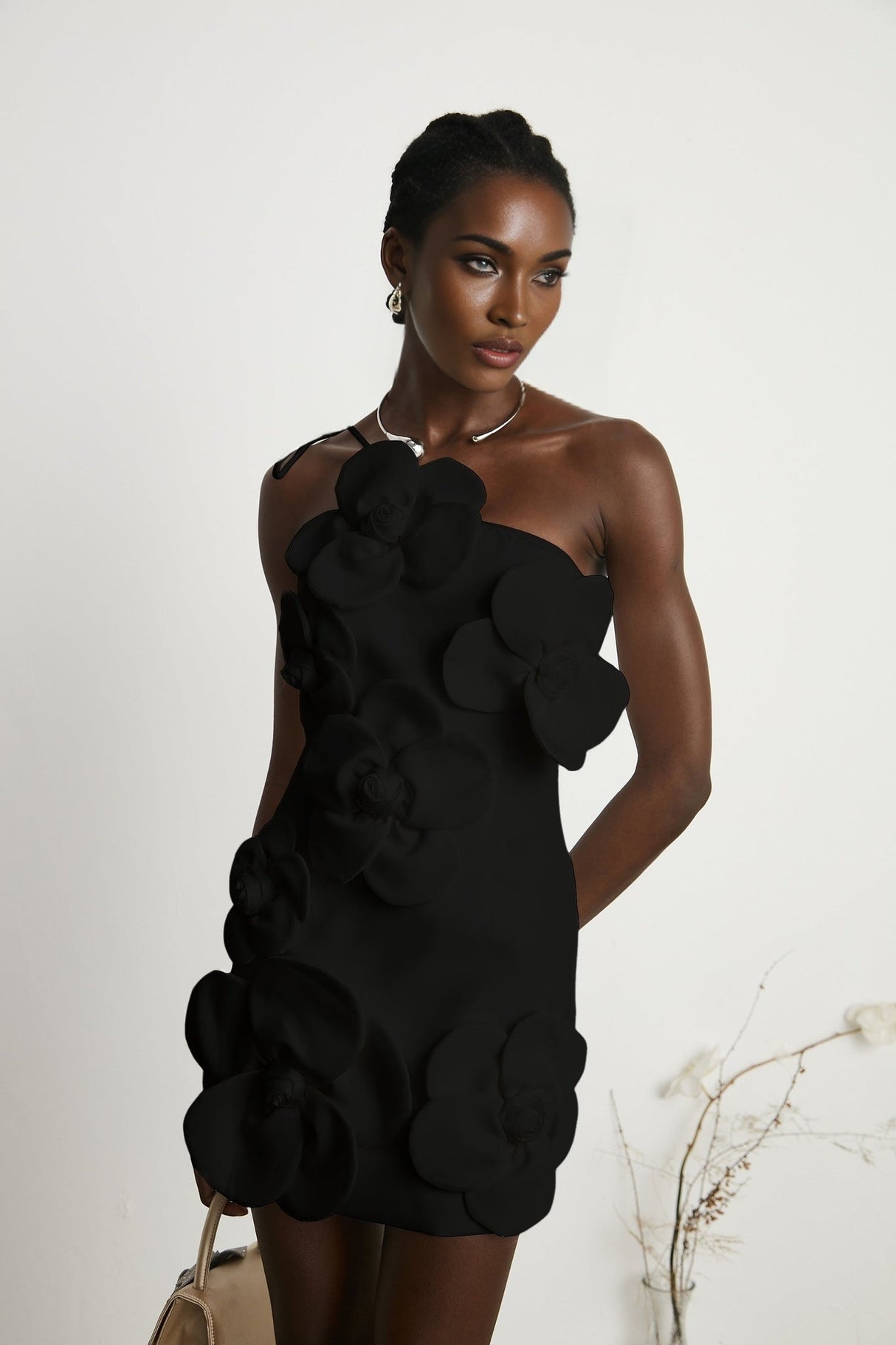 Dylan Mini Dress - Sleeveless - Asymmetric Design - Faux - Flower Detailing - Tie and Side Zip Fastening