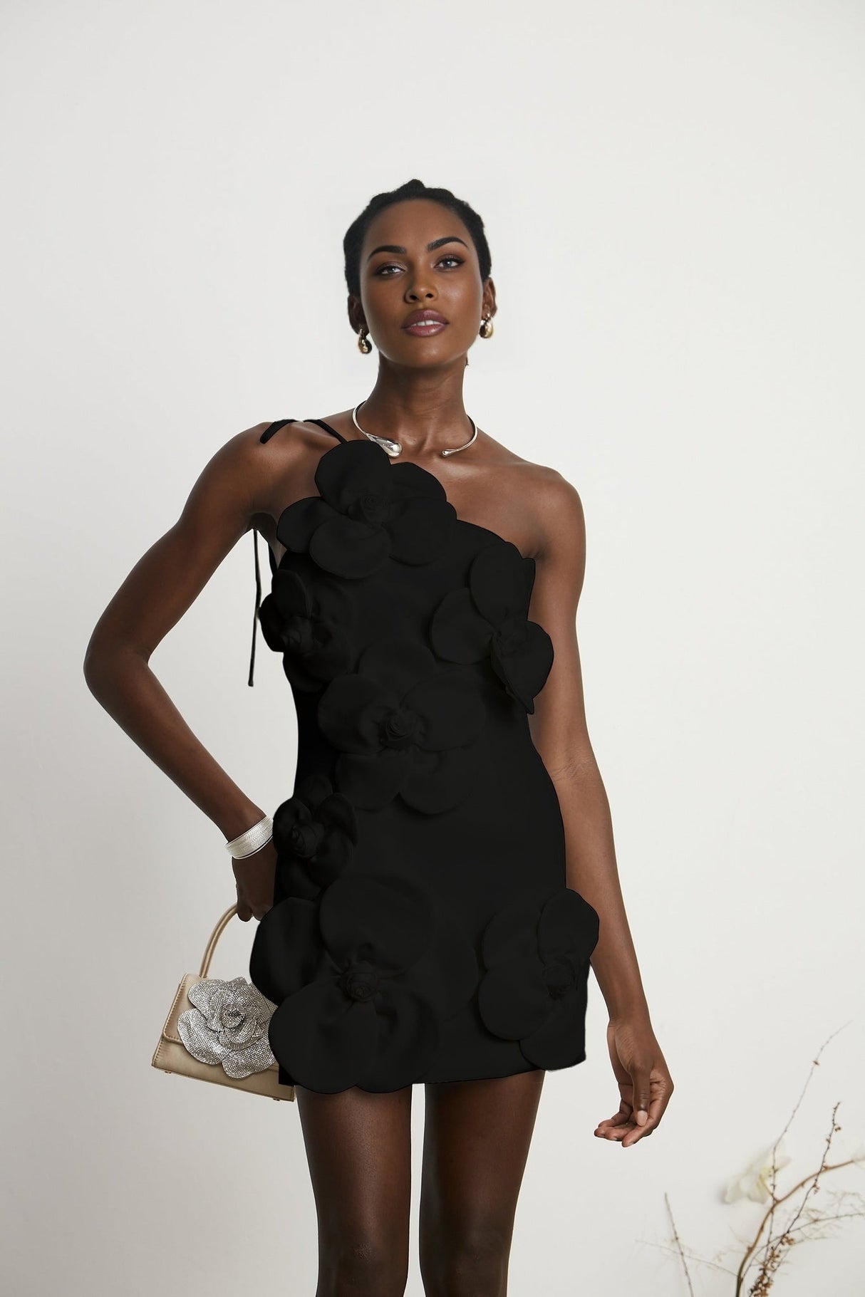 Dylan Mini Dress - Sleeveless - Asymmetric Design - Faux - Flower Detailing - Tie and Side Zip Fastening