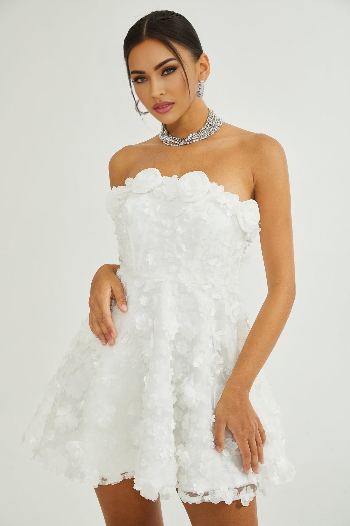 Dylan Off the Shoulder - Sleeveless - Layered Design - Detachable Straps - Faux Flower - Rear Zip Fastening