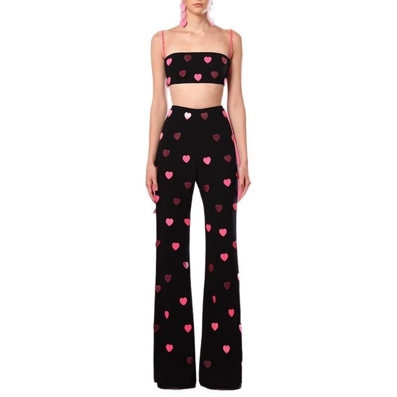 Dylan Top & Pants Set – Cropped Heart Pattern Top – Flared Relaxed Fit Pants – Braided Straps – Bold Contrast Design