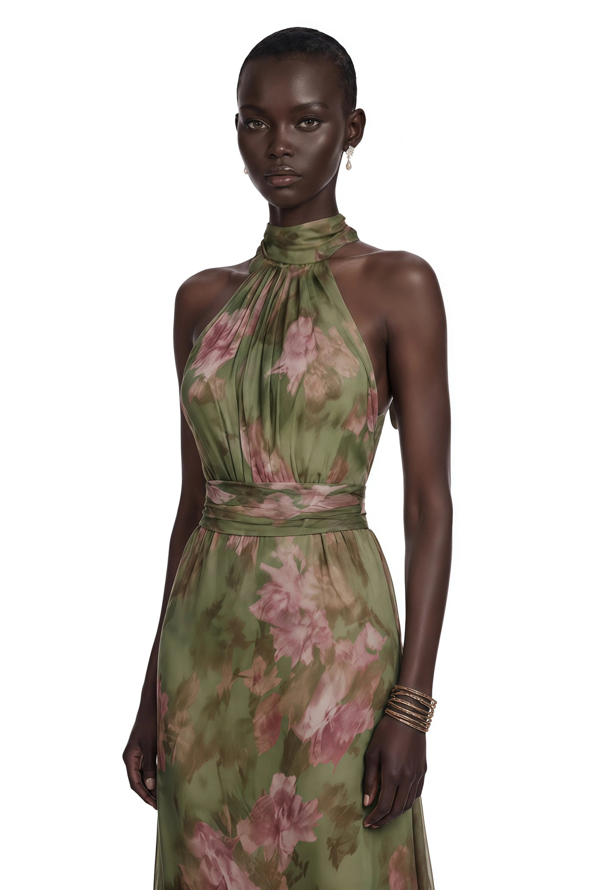 Ecem Green Mock Neck Ruched Maxi Dress with Floral Print