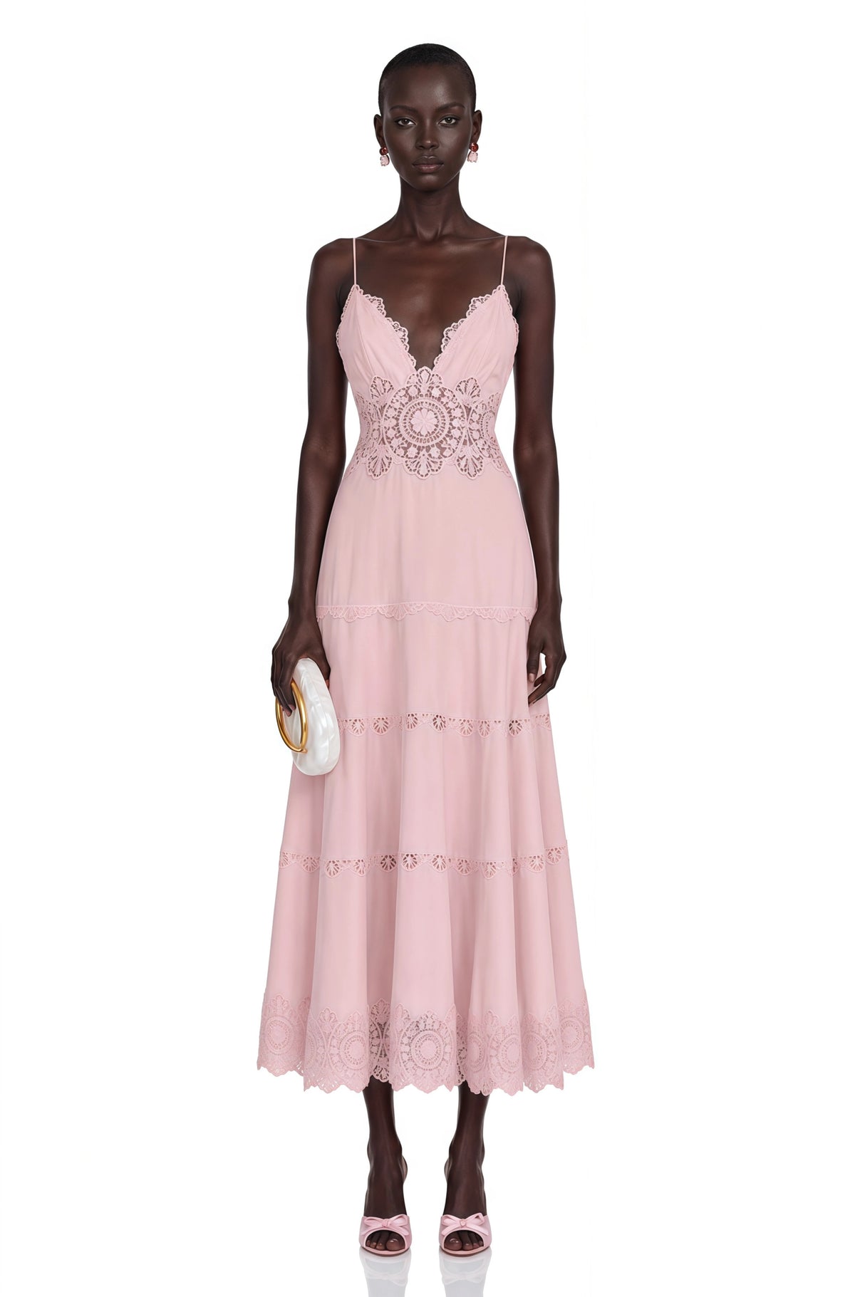 Ecrin Pink Tiered Midi Dress with Lace Panels