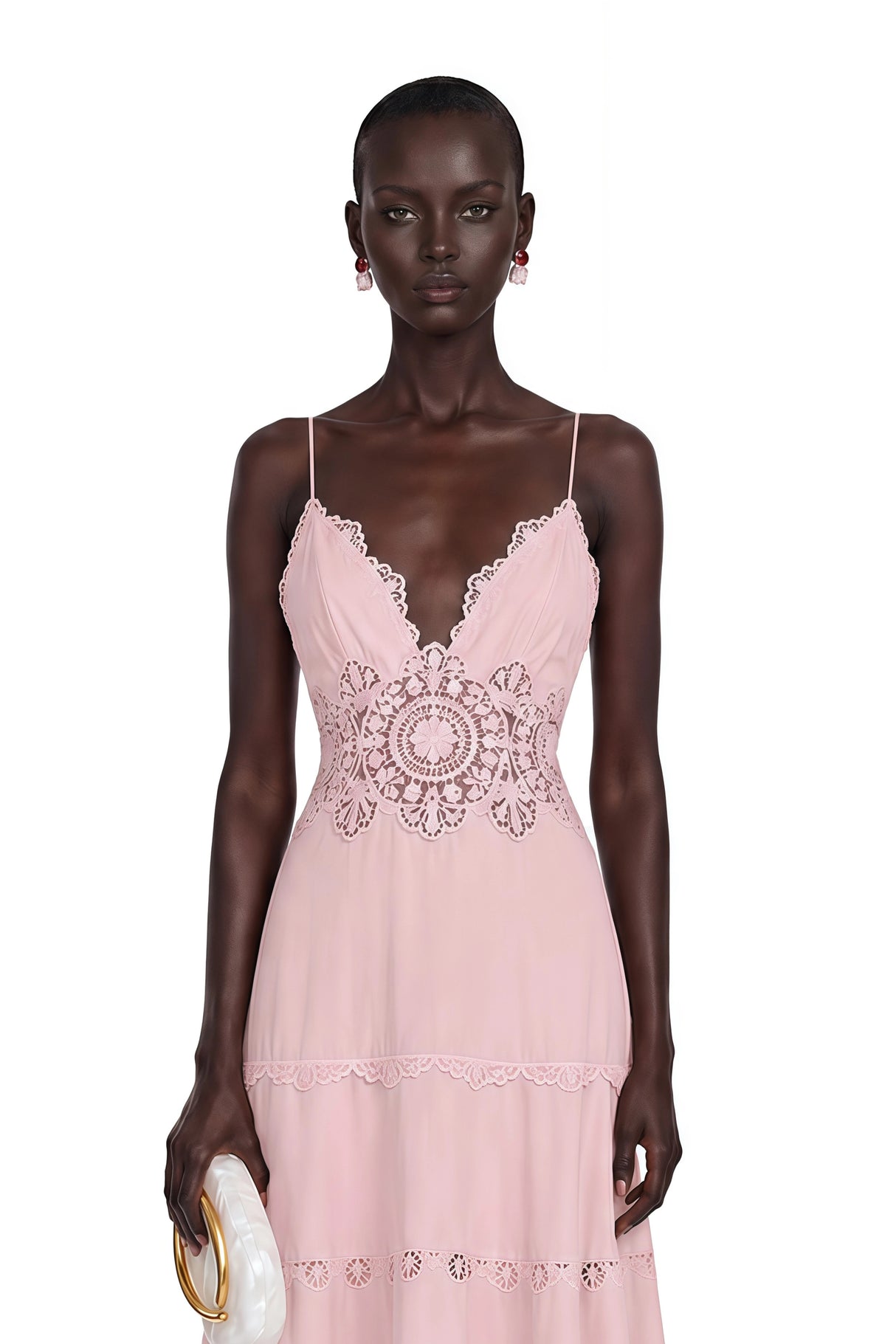 Ecrin Pink Tiered Midi Dress with Lace Panels