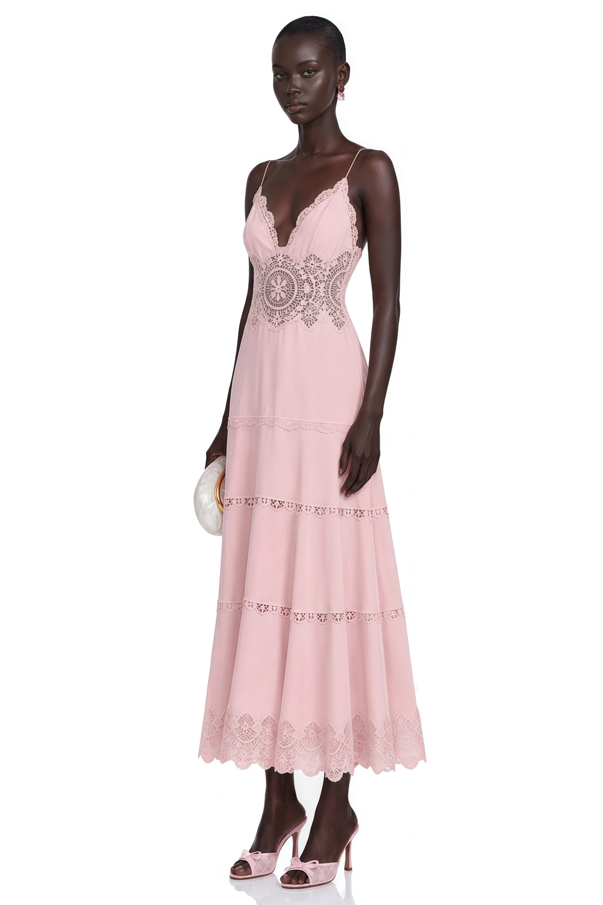 Ecrin Pink Tiered Midi Dress with Lace Panels