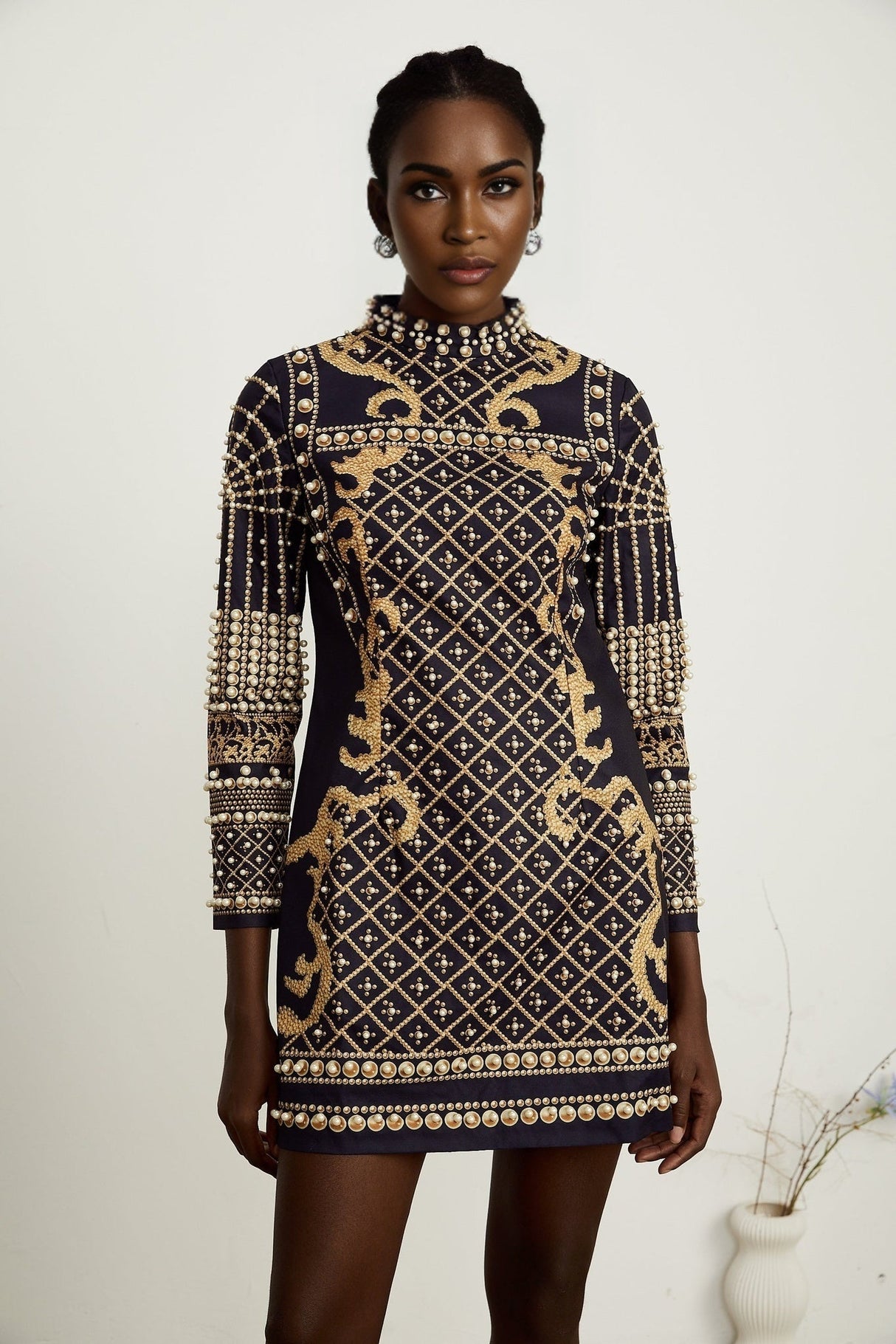 Eden Mini Dress - Long Sleeves - Stand - up Collar - Faux Pearl Embellishment - Graphic Print - Rear Zip Fastening