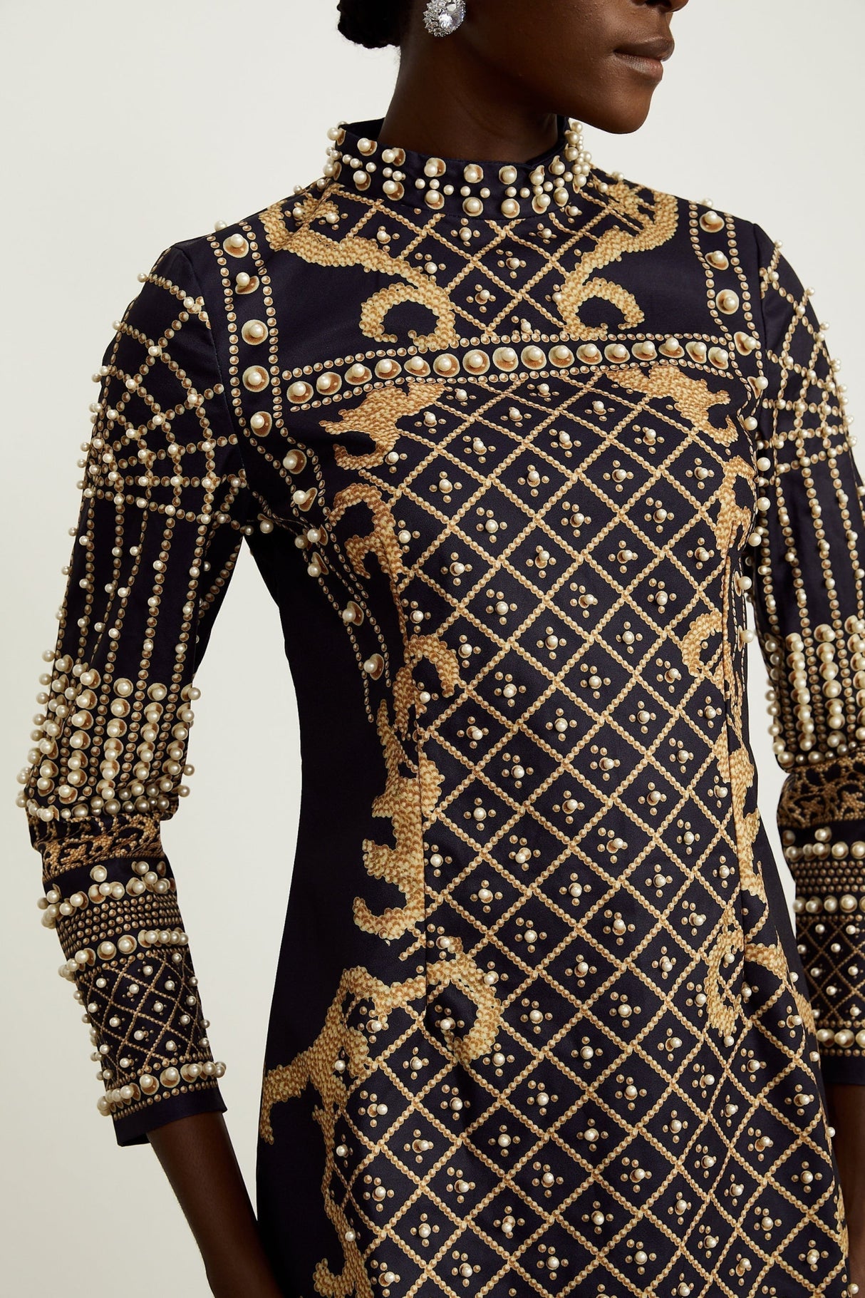 Eden Mini Dress - Long Sleeves - Stand - up Collar - Faux Pearl Embellishment - Graphic Print - Rear Zip Fastening