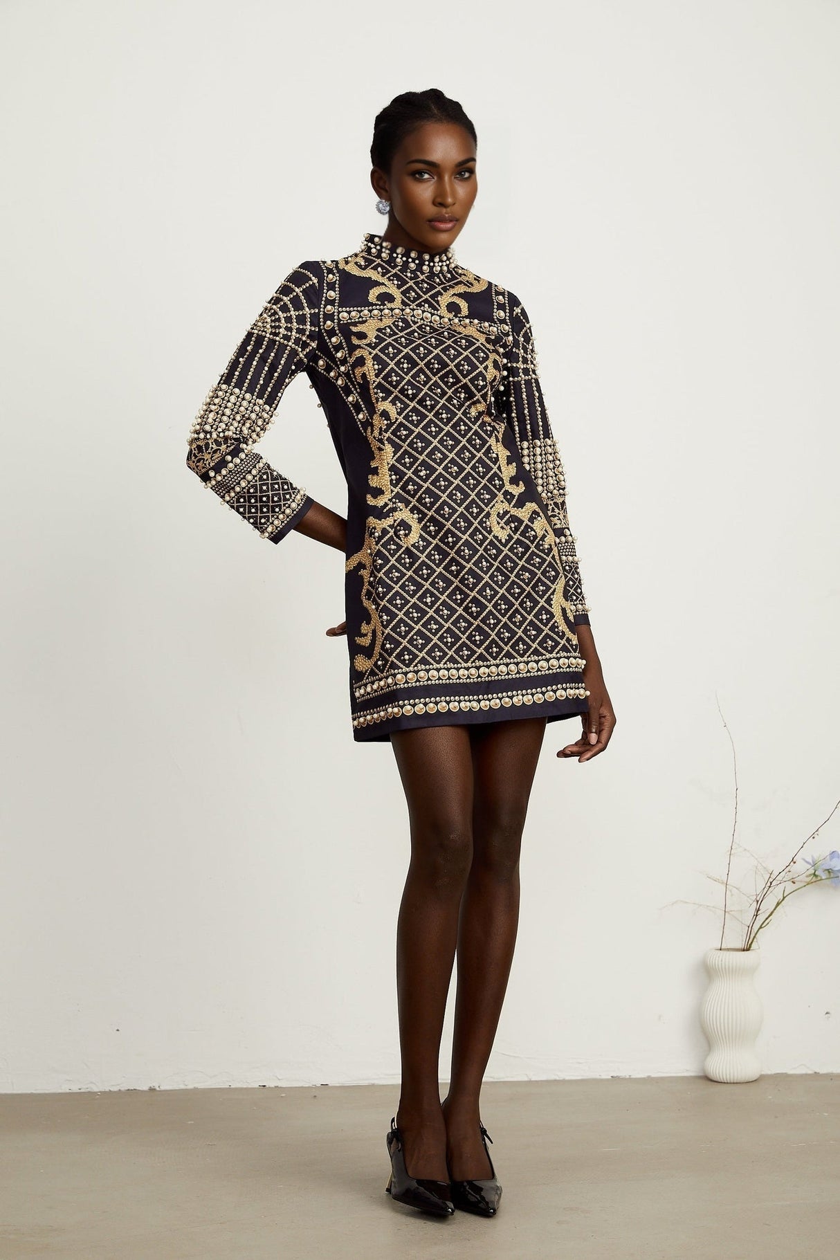 Eden Mini Dress - Long Sleeves - Stand - up Collar - Faux Pearl Embellishment - Graphic Print - Rear Zip Fastening