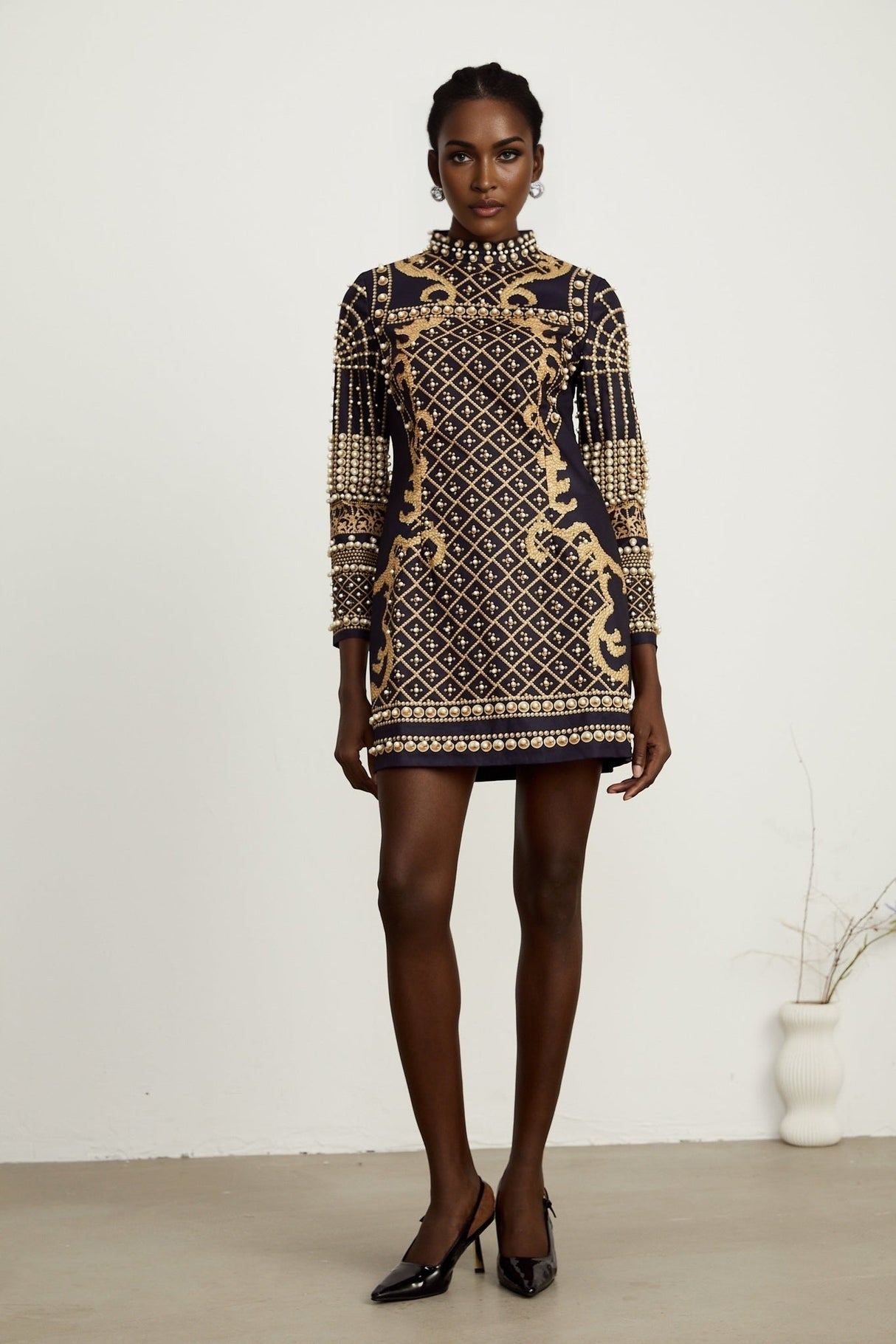 Eden Mini Dress - Long Sleeves - Stand - up Collar - Faux Pearl Embellishment - Graphic Print - Rear Zip Fastening