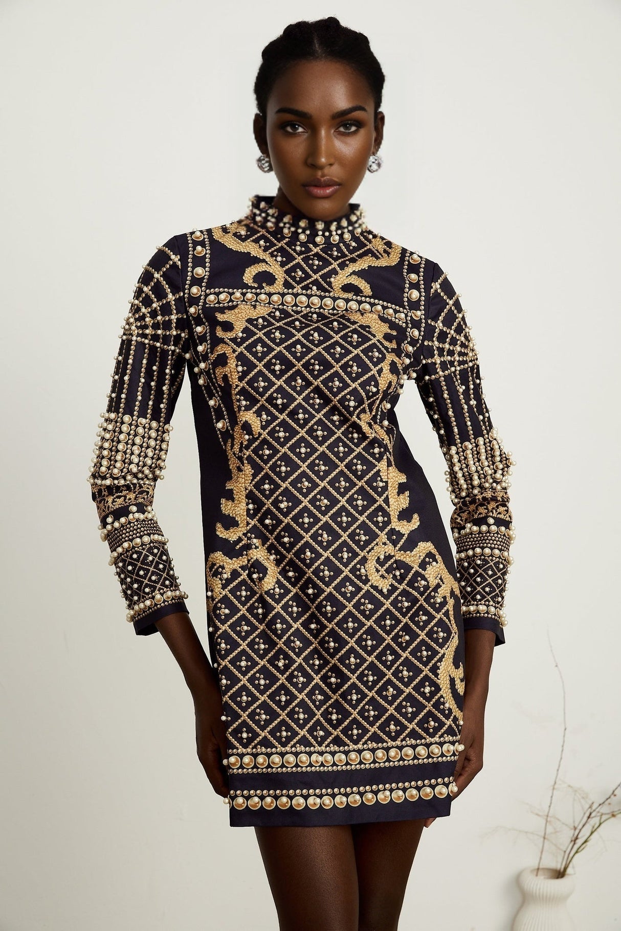 Eden Mini Dress - Long Sleeves - Stand - up Collar - Faux Pearl Embellishment - Graphic Print - Rear Zip Fastening