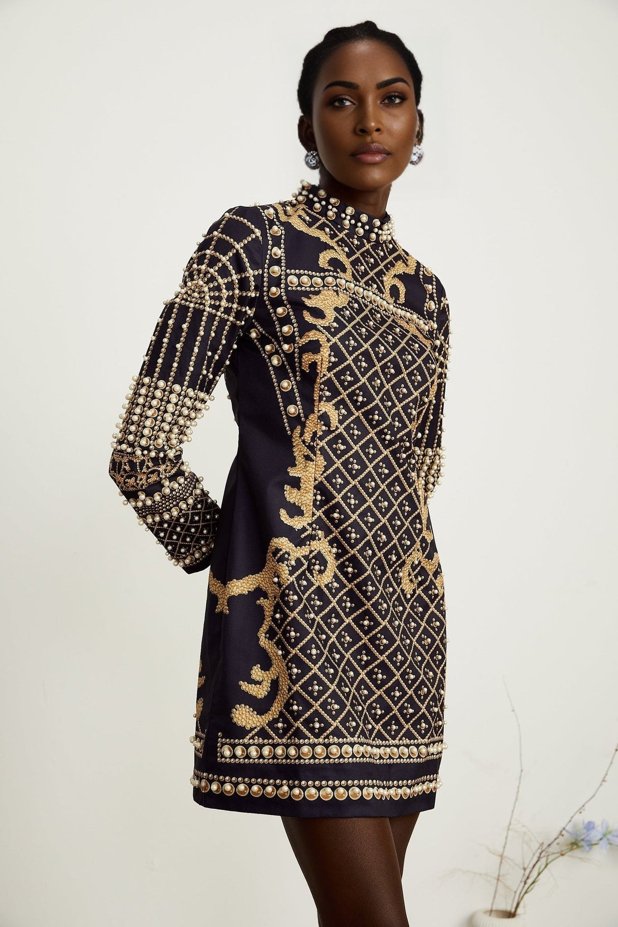 Eden Mini Dress - Long Sleeves - Stand - up Collar - Faux Pearl Embellishment - Graphic Print - Rear Zip Fastening