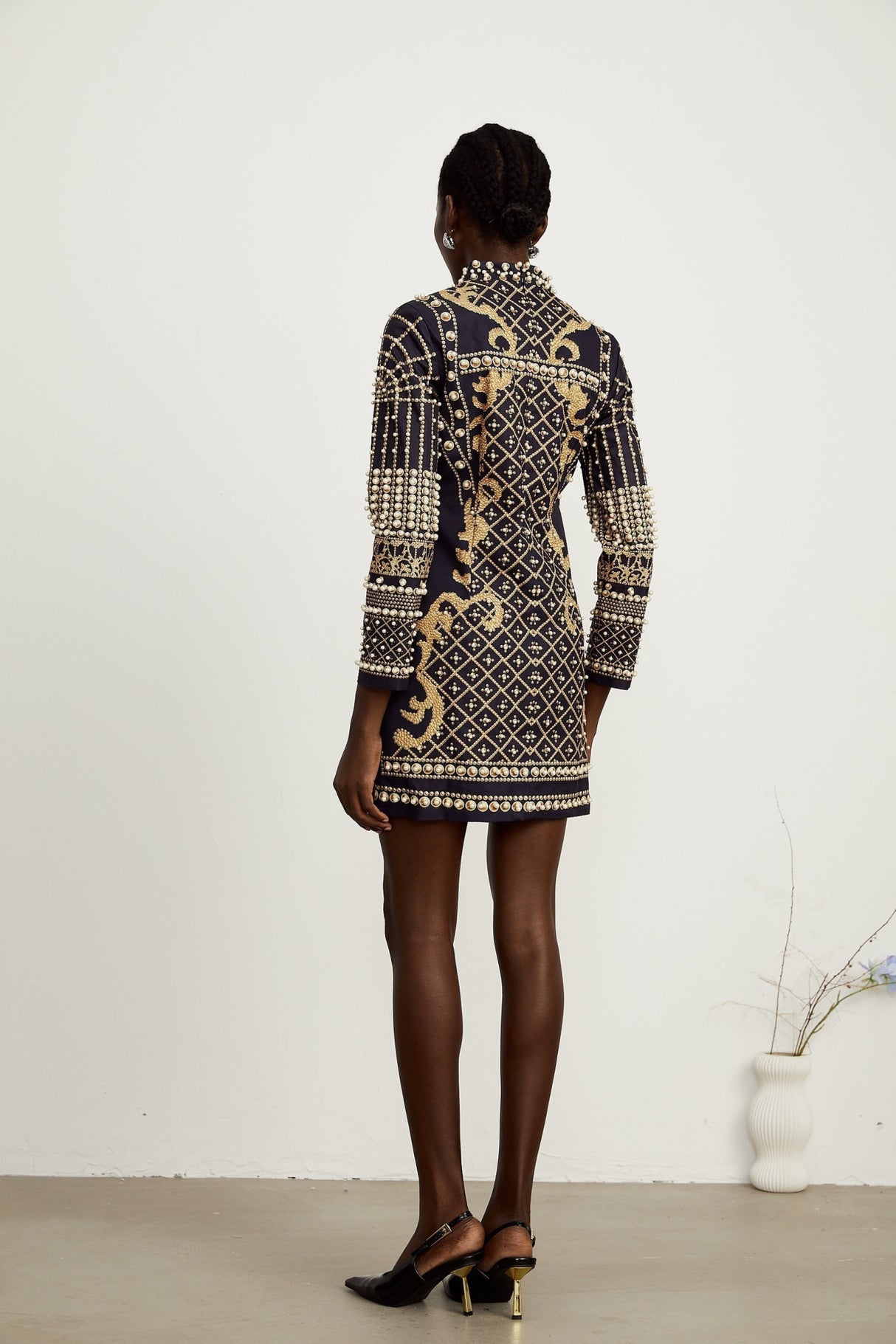 Eden Mini Dress - Long Sleeves - Stand - up Collar - Faux Pearl Embellishment - Graphic Print - Rear Zip Fastening