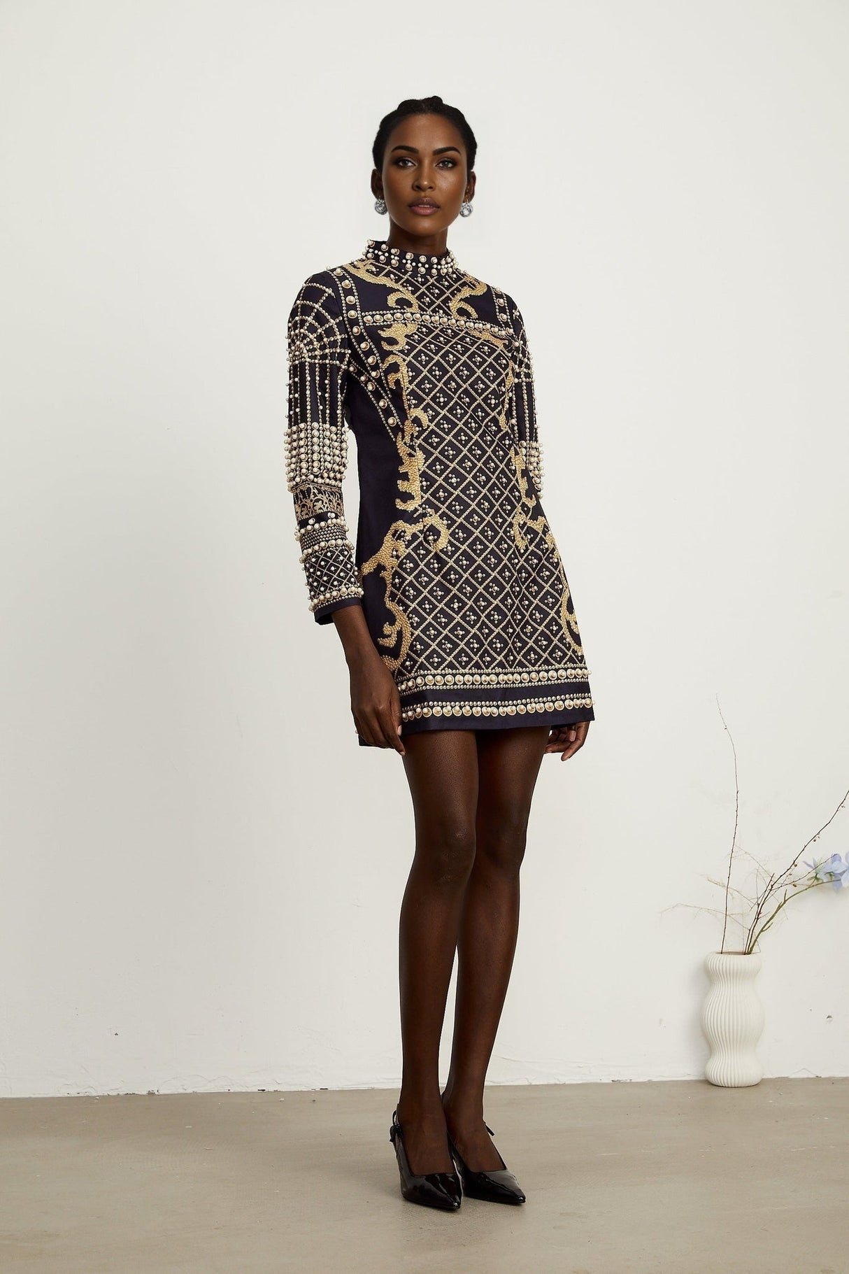 Eden Mini Dress - Long Sleeves - Stand - up Collar - Faux Pearl Embellishment - Graphic Print - Rear Zip Fastening