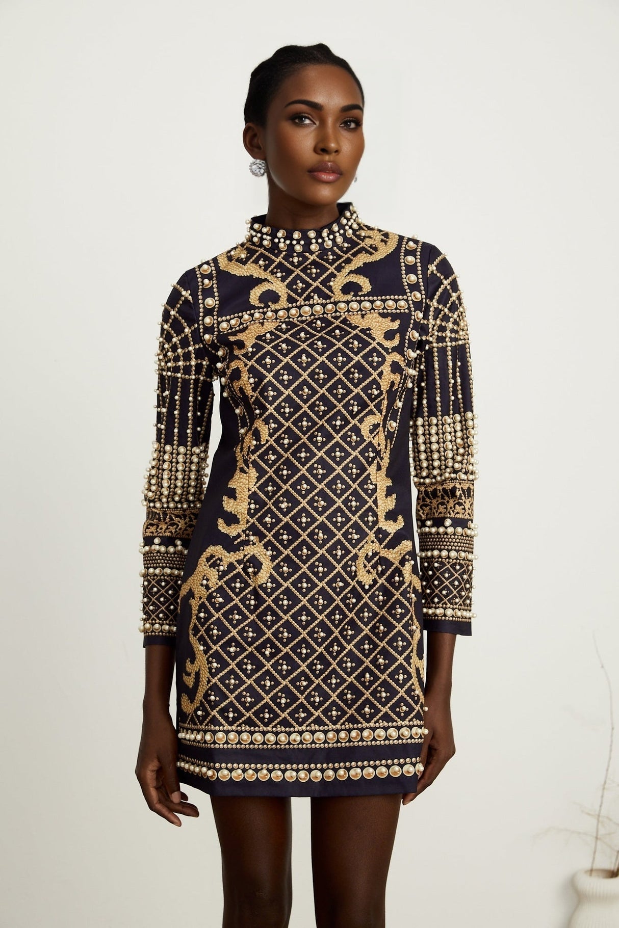 Eden Mini Dress - Long Sleeves - Stand - up Collar - Faux Pearl Embellishment - Graphic Print - Rear Zip Fastening