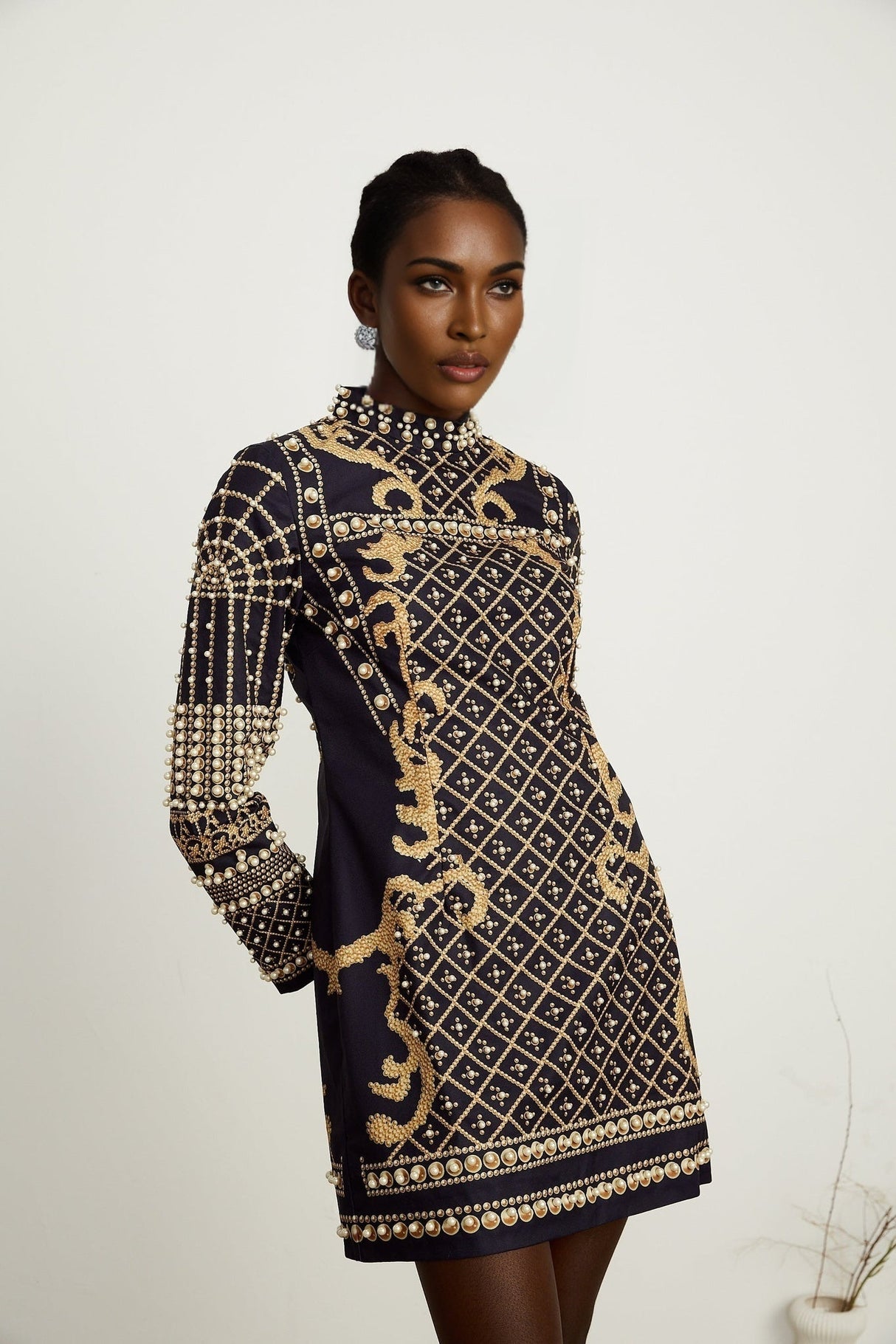 Eden Mini Dress - Long Sleeves - Stand - up Collar - Faux Pearl Embellishment - Graphic Print - Rear Zip Fastening