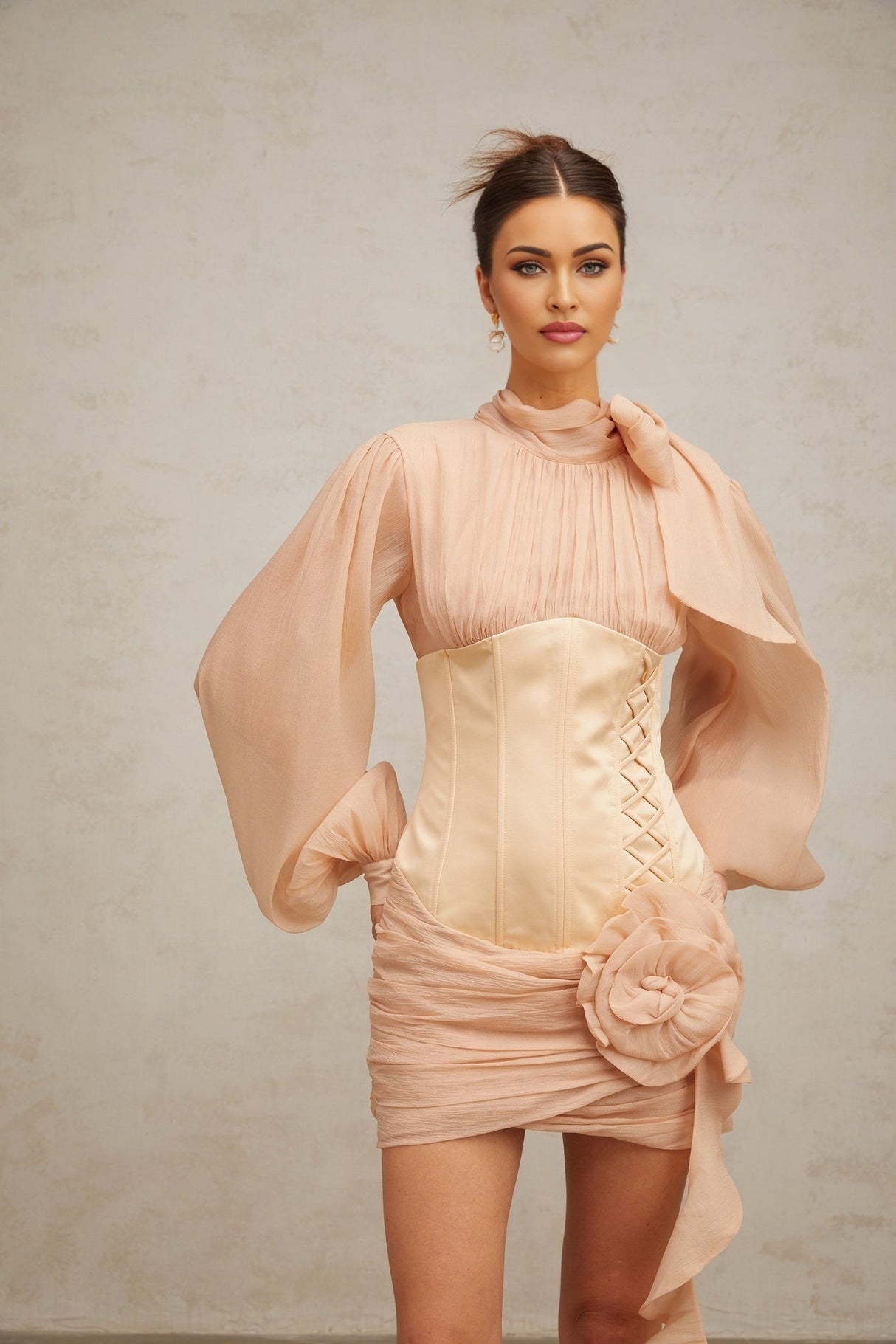 Eden Mini Dress – Ribbon Tie - Neck Detailing – Floral Appliqué – Panelled Design