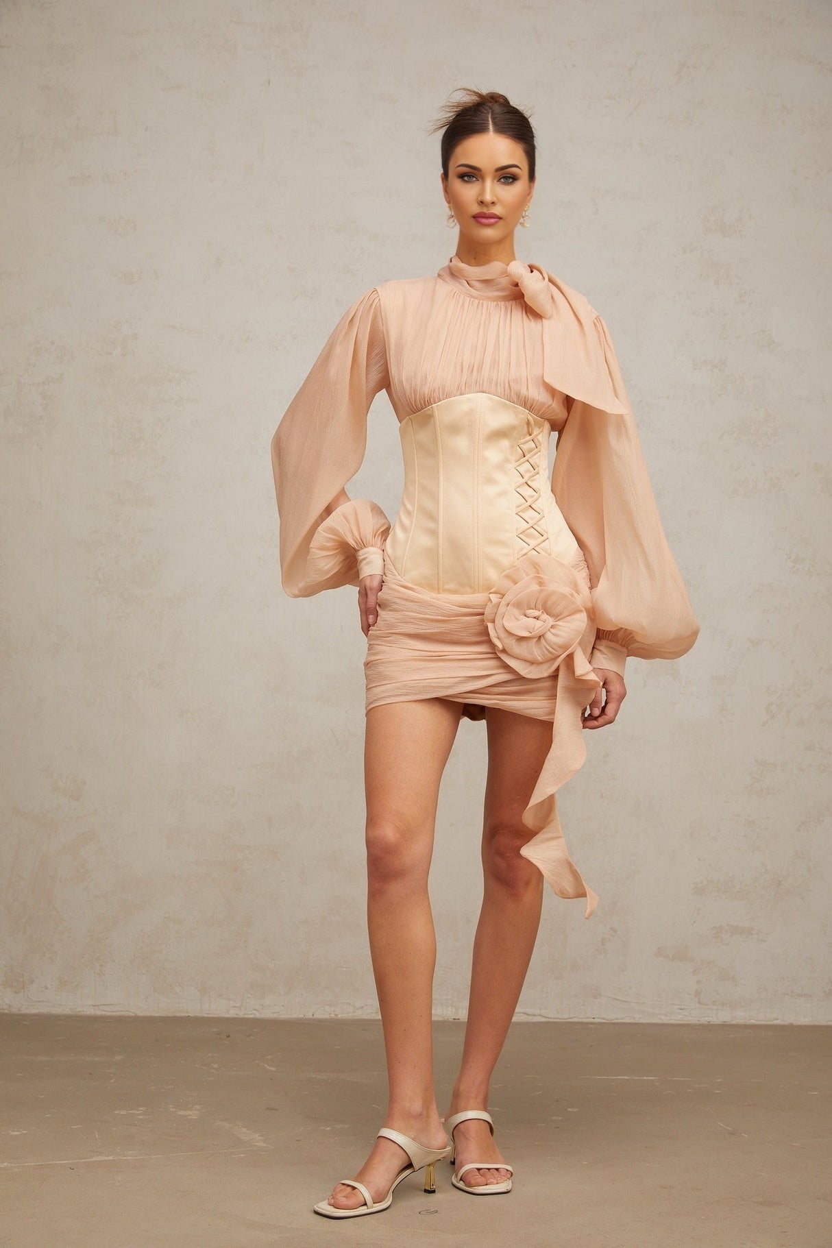 Eden Mini Dress – Ribbon Tie - Neck Detailing – Floral Appliqué – Panelled Design