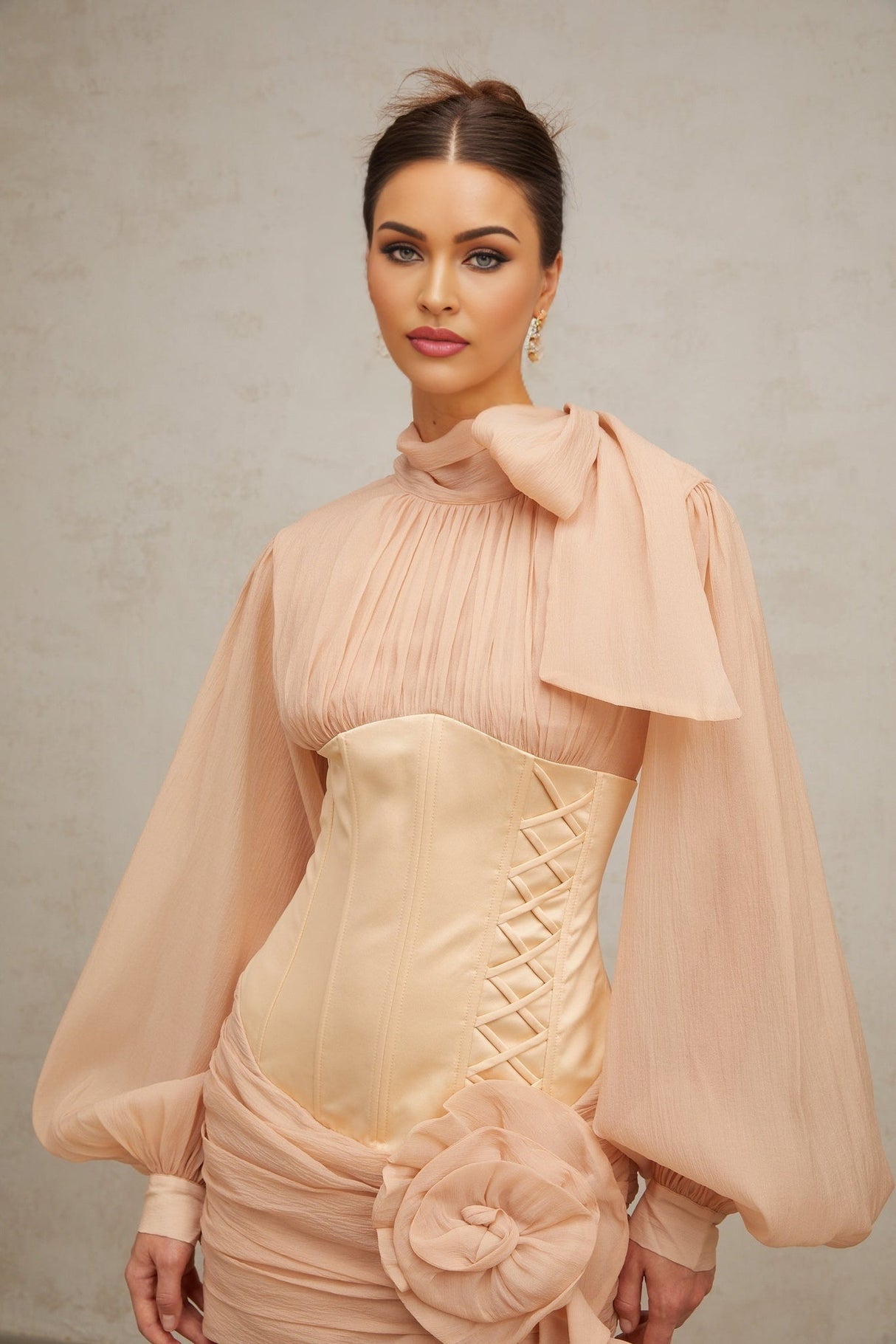 Eden Mini Dress – Ribbon Tie - Neck Detailing – Floral Appliqué – Panelled Design