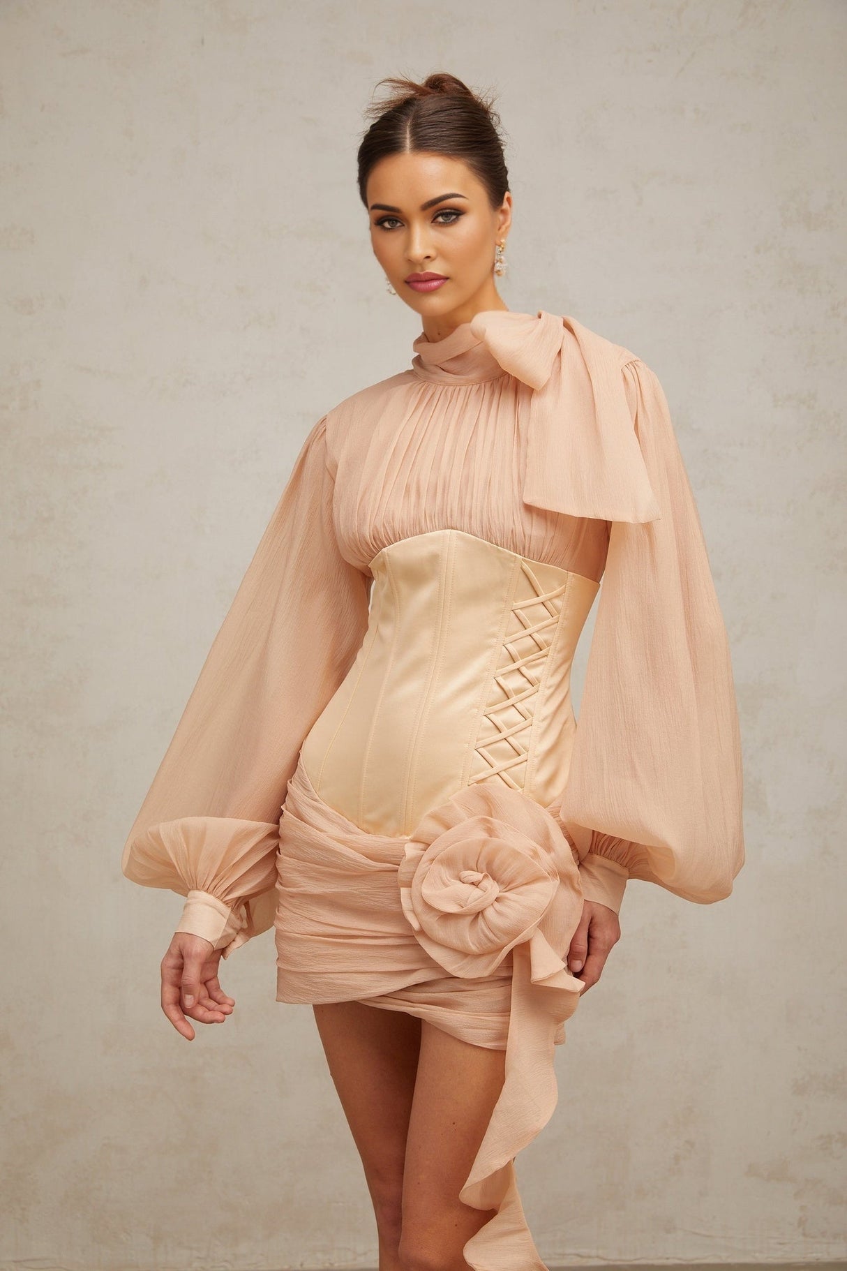 Eden Mini Dress – Ribbon Tie - Neck Detailing – Floral Appliqué – Panelled Design