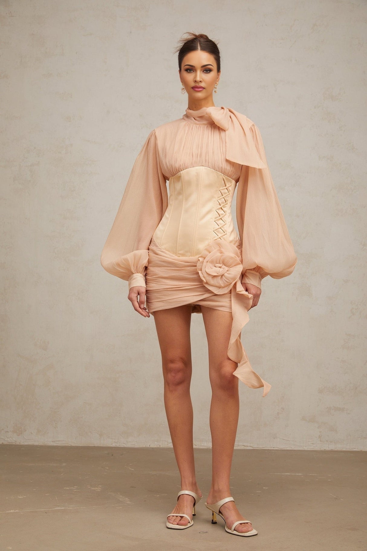 Eden Mini Dress – Ribbon Tie - Neck Detailing – Floral Appliqué – Panelled Design