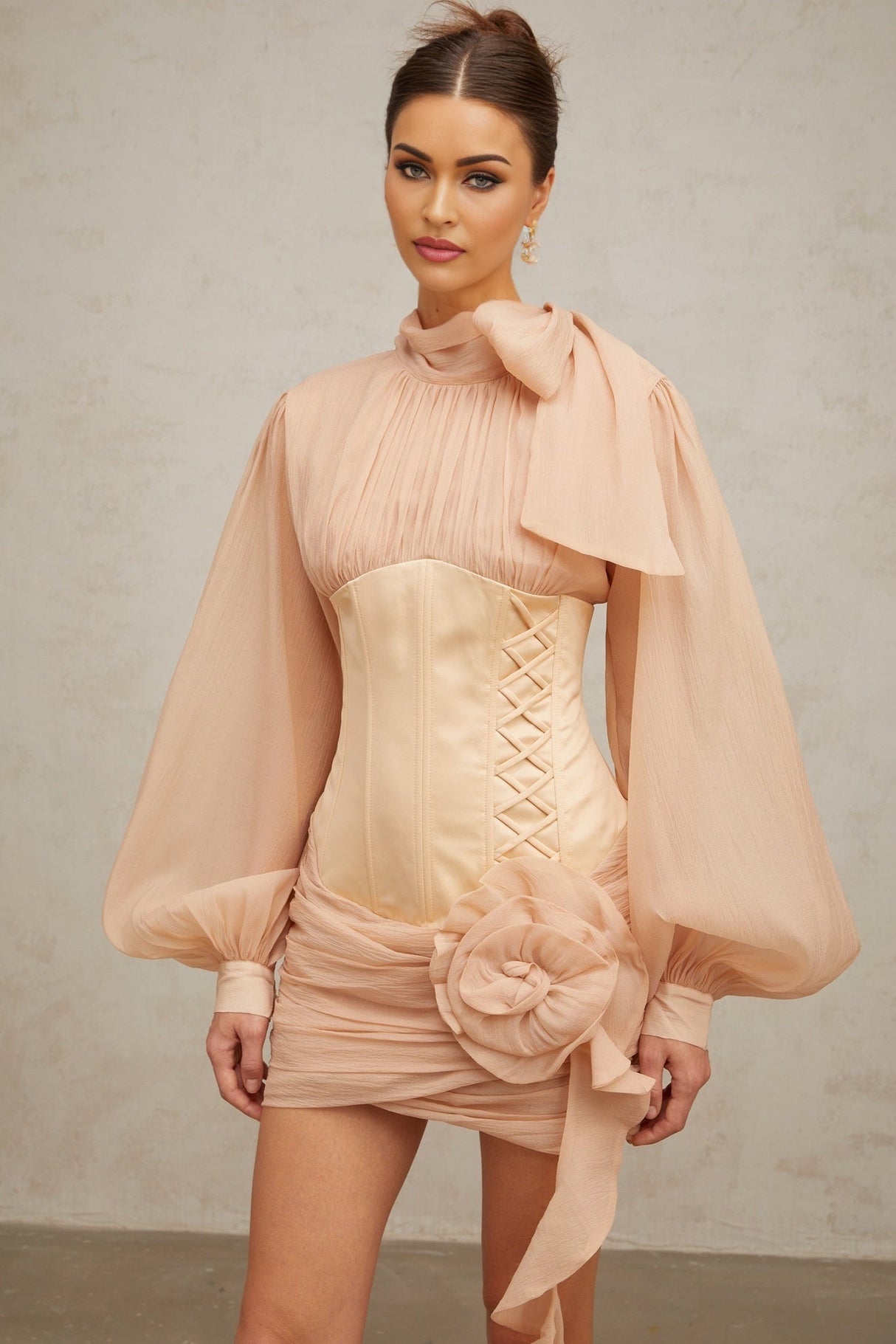 Eden Mini Dress – Ribbon Tie - Neck Detailing – Floral Appliqué – Panelled Design