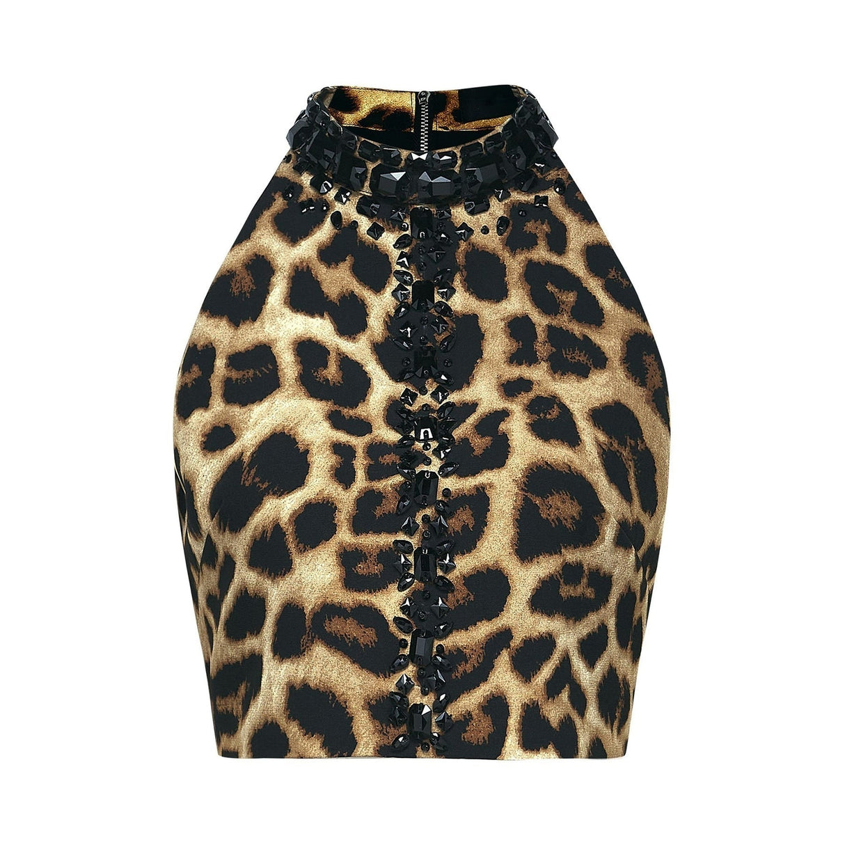 Eden Skirt & Top Set - Crystal Embellished Halterneck Top - Leopard Cropped Top - Irregular Hem Culotte Skirt