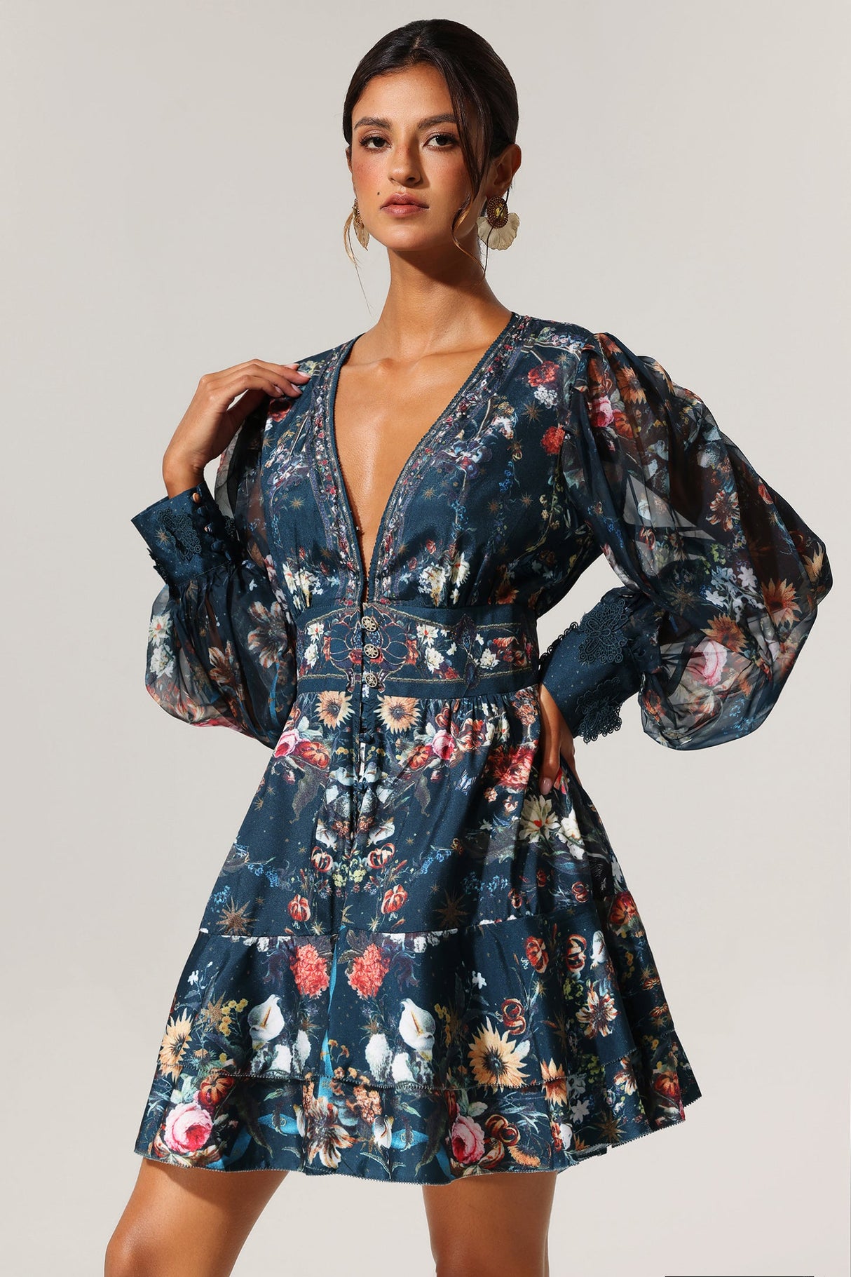 Eden Teal Floral Print Long Sleeve Mini Dress