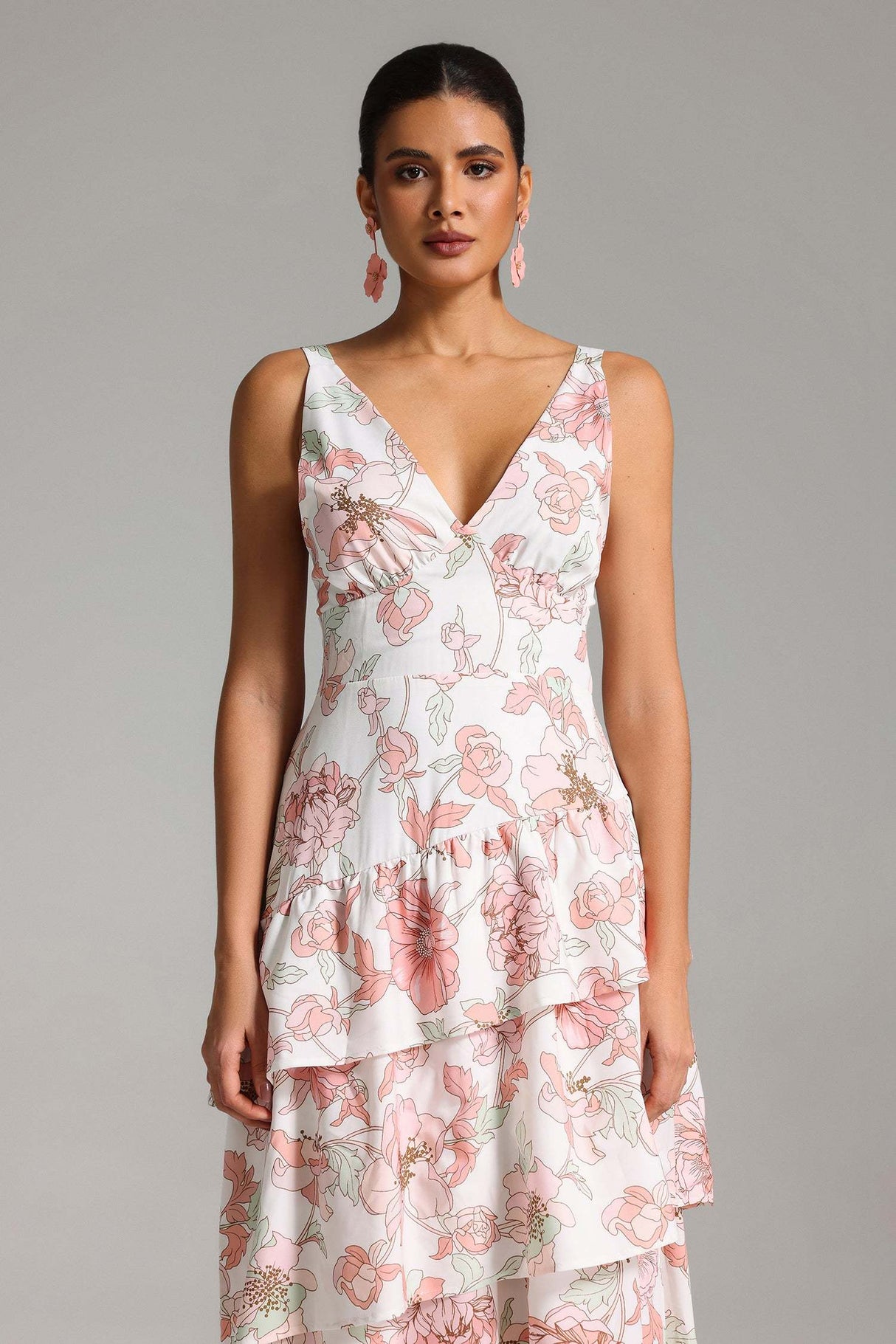 Eden White Floral Layered Maxi Dress V-neckline Lightweight Fabric