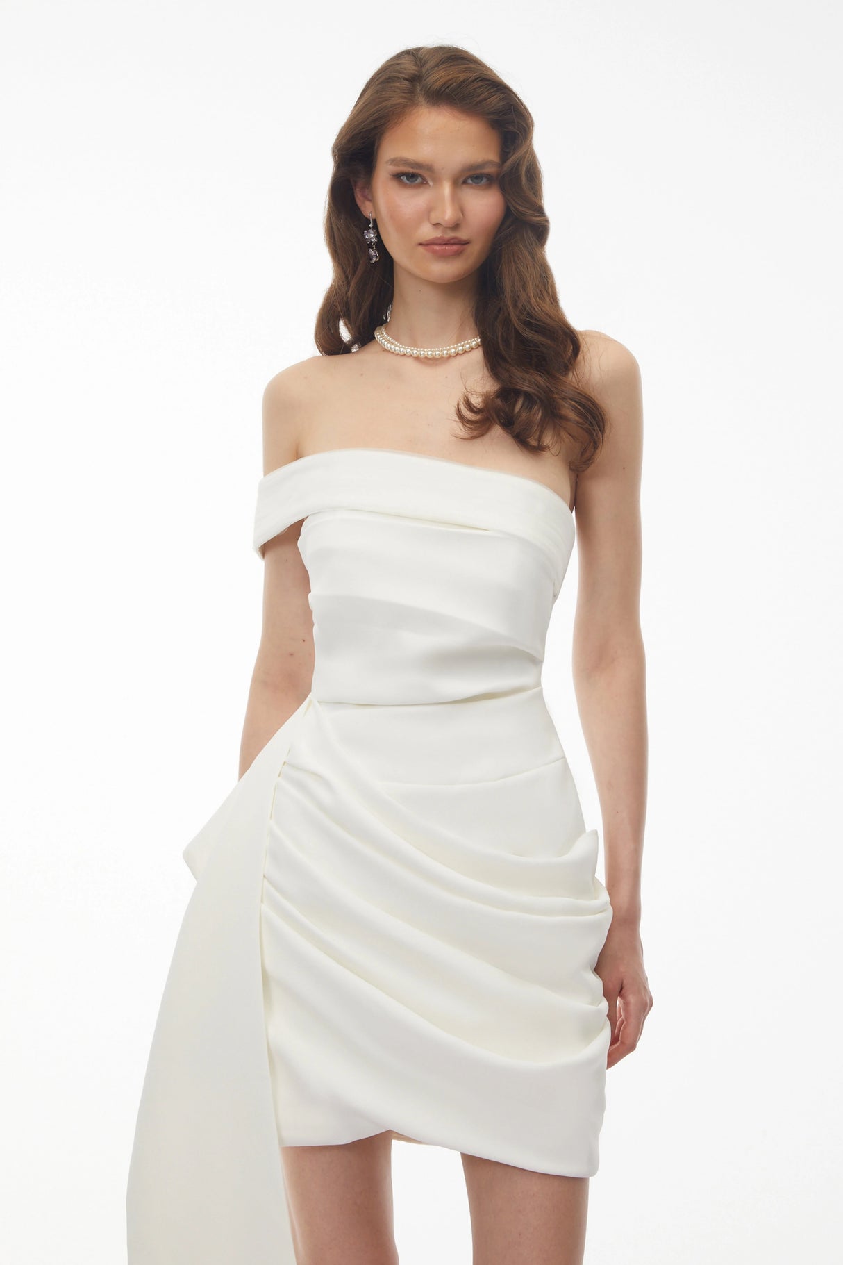 Edith White Off Shoulder Ruched Mini Dress with Ribbon Detail