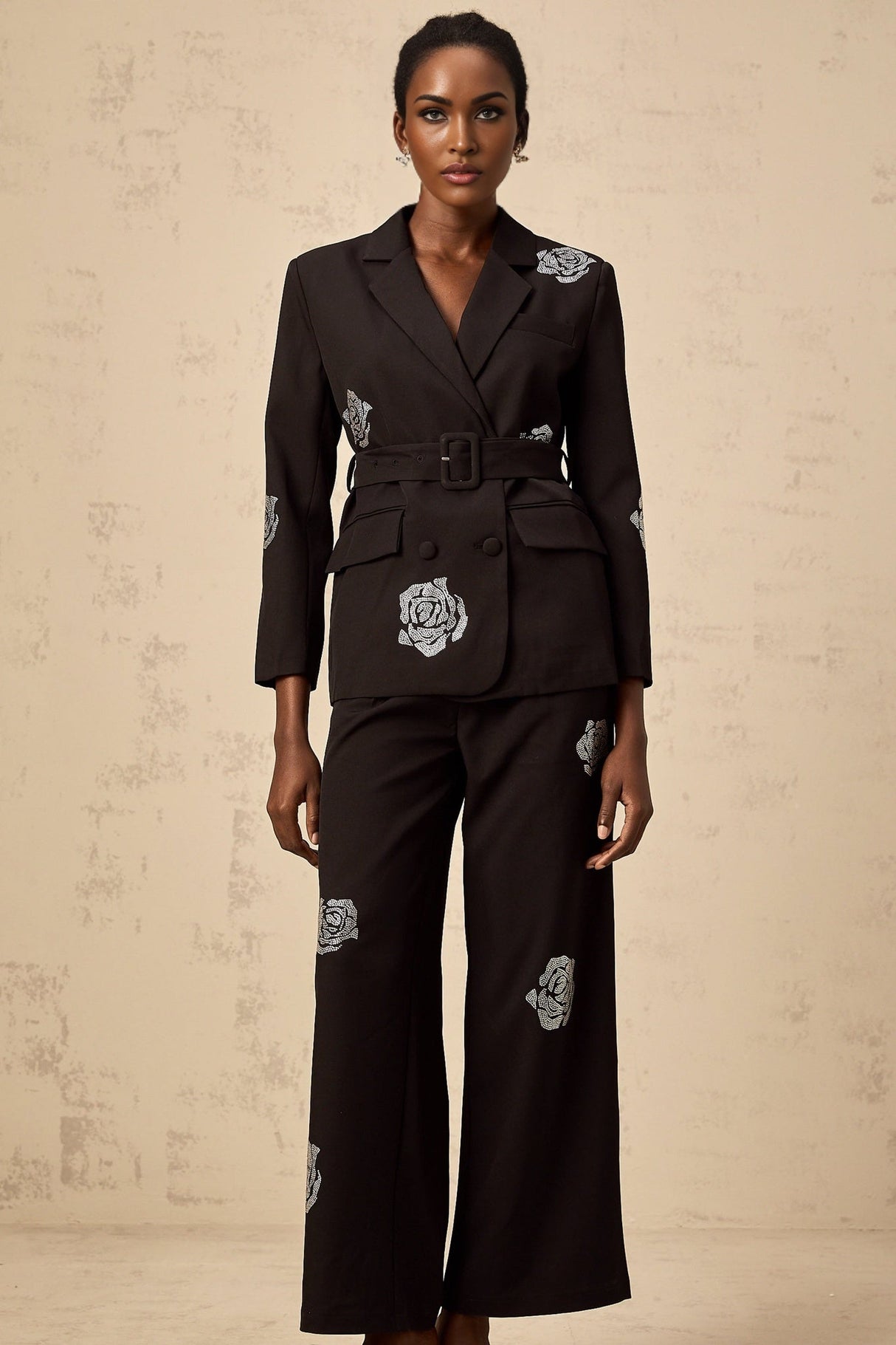 Edvige Blazer & Trousers - Notched Lapels - Stud Embellishment - Double - Breasted Fastening - Adjustable Belt