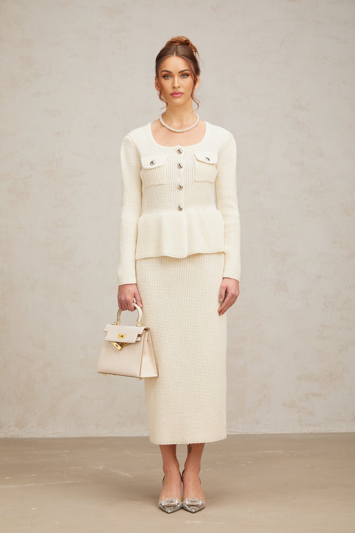 Edvige Top & Skirt Set - Square Neck - Peplum Waist - Embossed Buttons - Knitted Construction - Slip - On Style