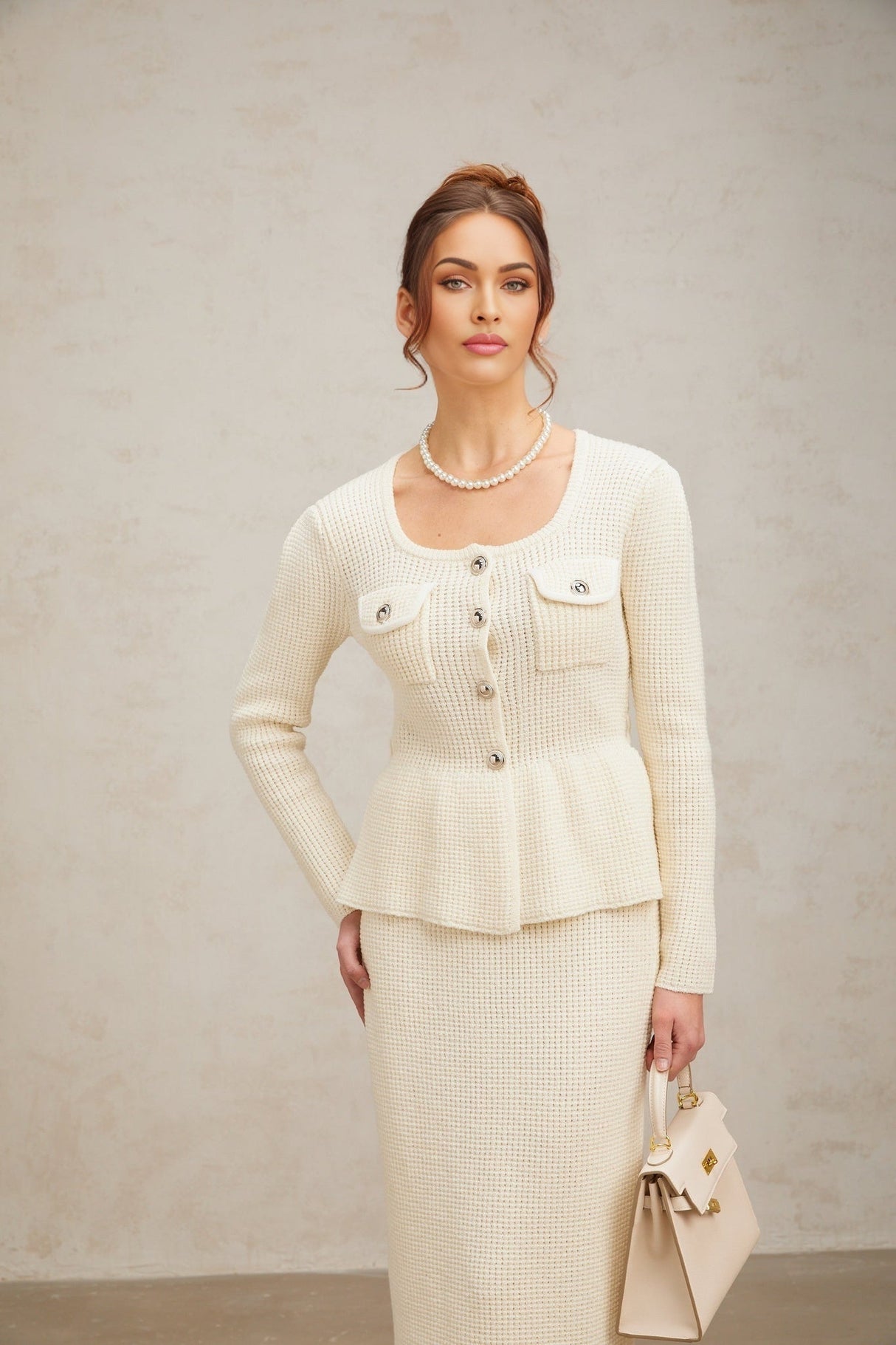 Edvige Top & Skirt Set - Square Neck - Peplum Waist - Embossed Buttons - Knitted Construction - Slip - On Style