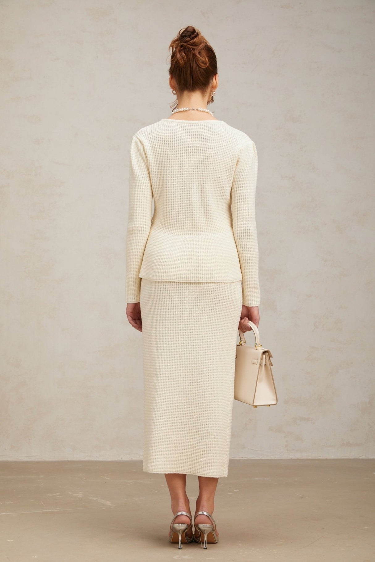 Edvige Top & Skirt Set - Square Neck - Peplum Waist - Embossed Buttons - Knitted Construction - Slip - On Style