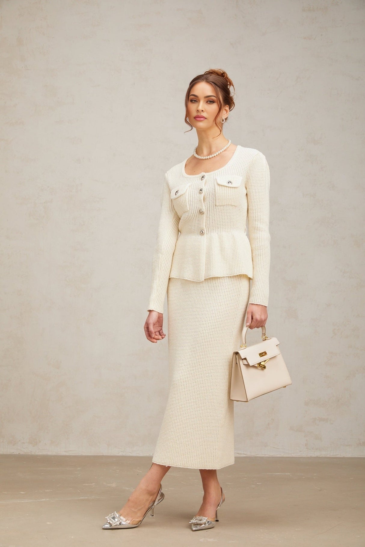 Edvige Top & Skirt Set - Square Neck - Peplum Waist - Embossed Buttons - Knitted Construction - Slip - On Style